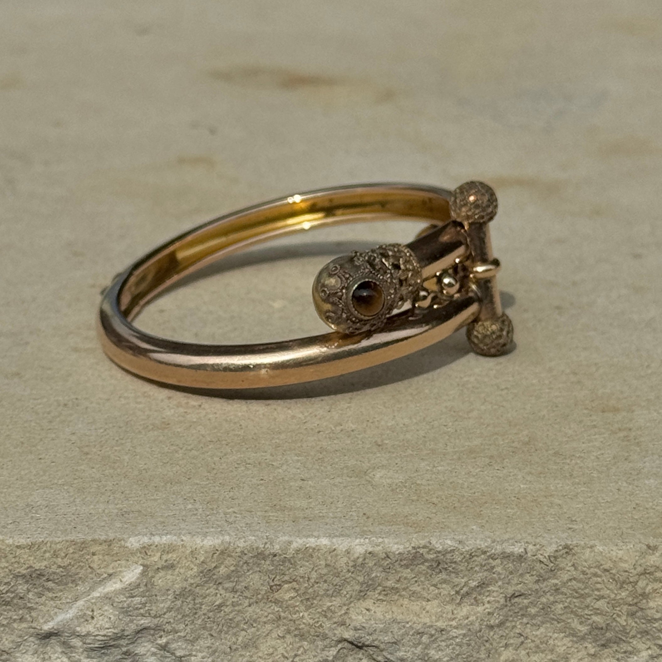 Vivian Grace Vintage Bracelet Rose Gold Vintage Victorian Etruscan Hinged Bypass Bangle Bracelet (circa 1880)- Tigers Eye