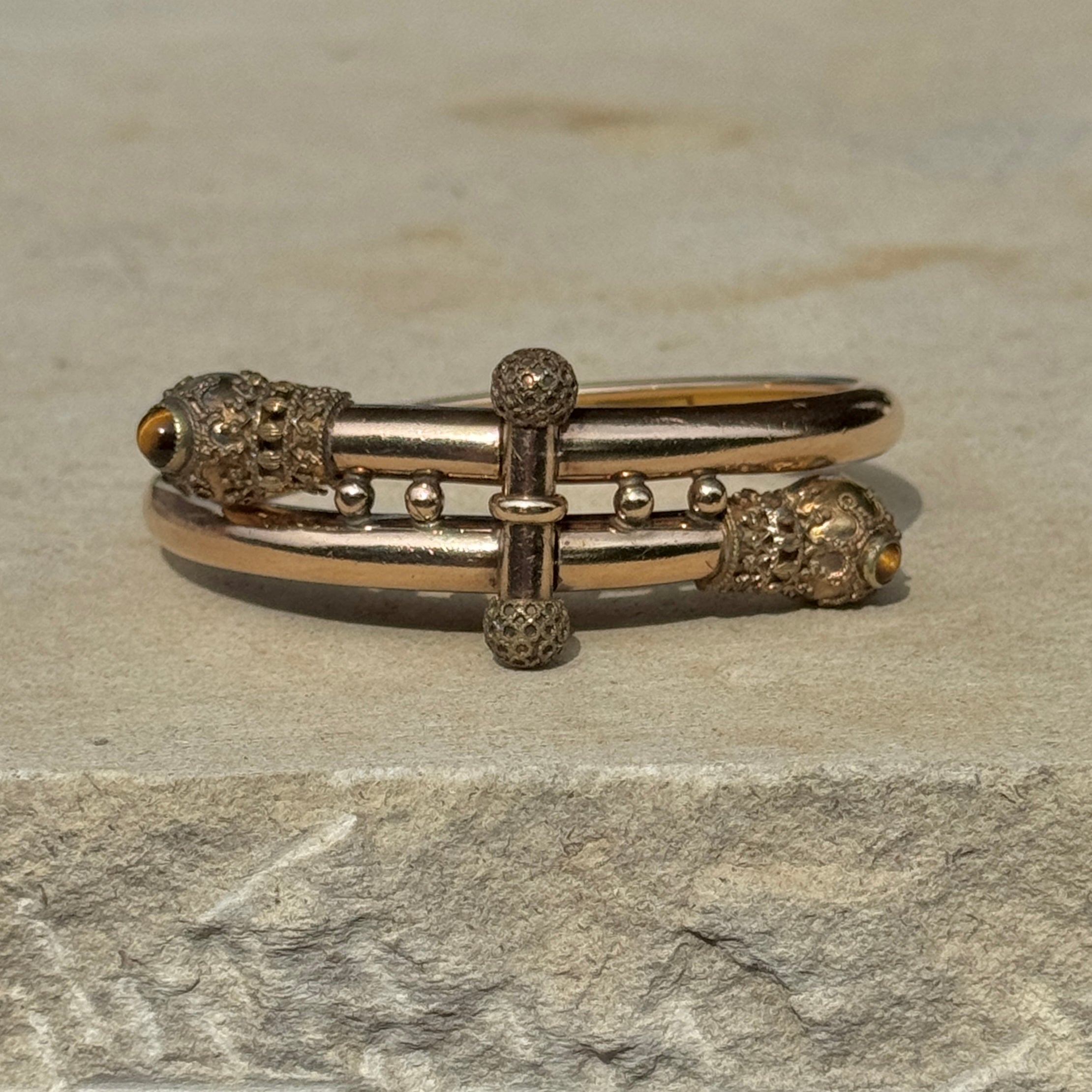 Vivian Grace Vintage Bracelet Rose Gold Vintage Victorian Etruscan Hinged Bypass Bangle Bracelet (circa 1880)- Tigers Eye