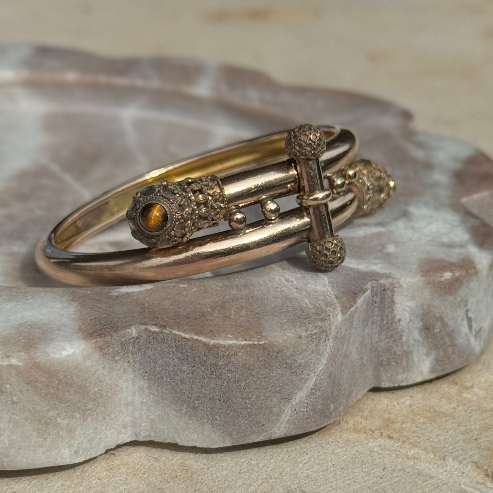 Vivian Grace Vintage Bracelet Rose Gold Vintage Victorian Etruscan Hinged Bypass Bangle Bracelet (circa 1880)- Tigers Eye