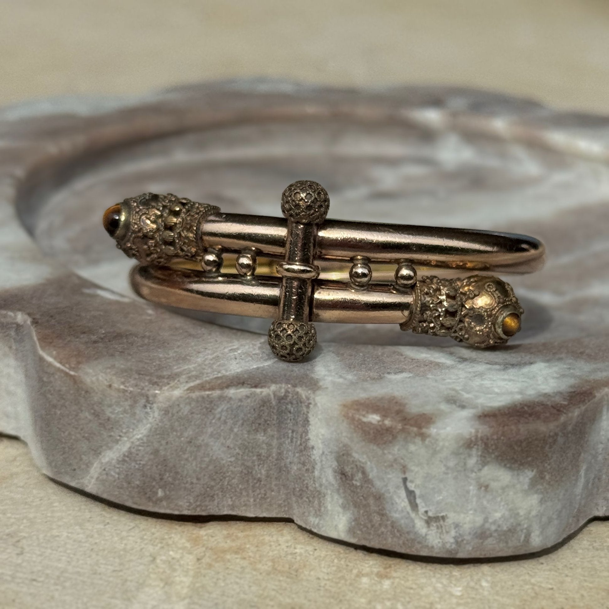 Vivian Grace Vintage Bracelet Rose Gold Vintage Victorian Etruscan Hinged Bypass Bangle Bracelet (circa 1880)- Tigers Eye
