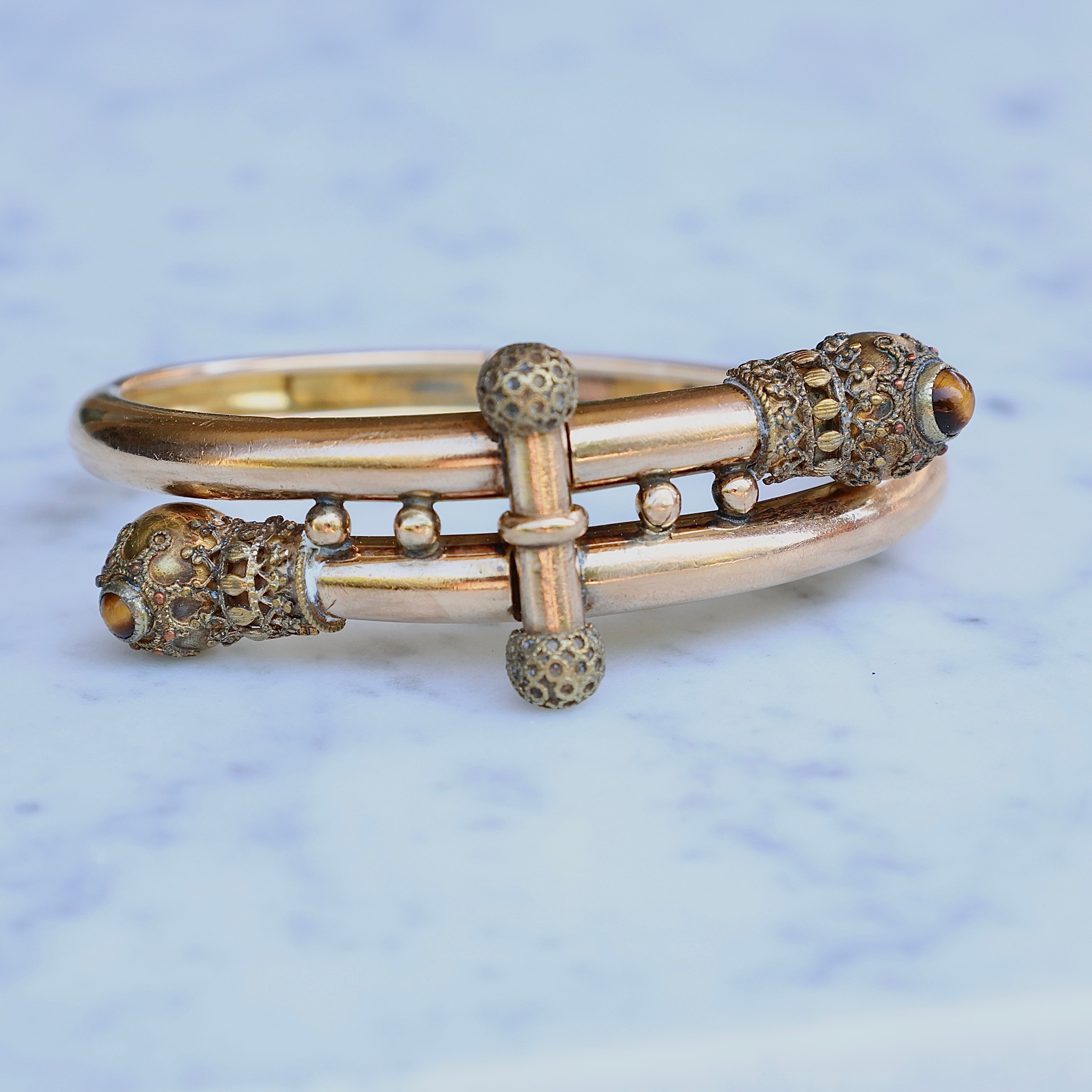 Vivian Grace Vintage Bracelet Rose Gold Vintage Victorian Etruscan Revival Bypass Bangle Bracelet (circa 1880)- Tigers Eye