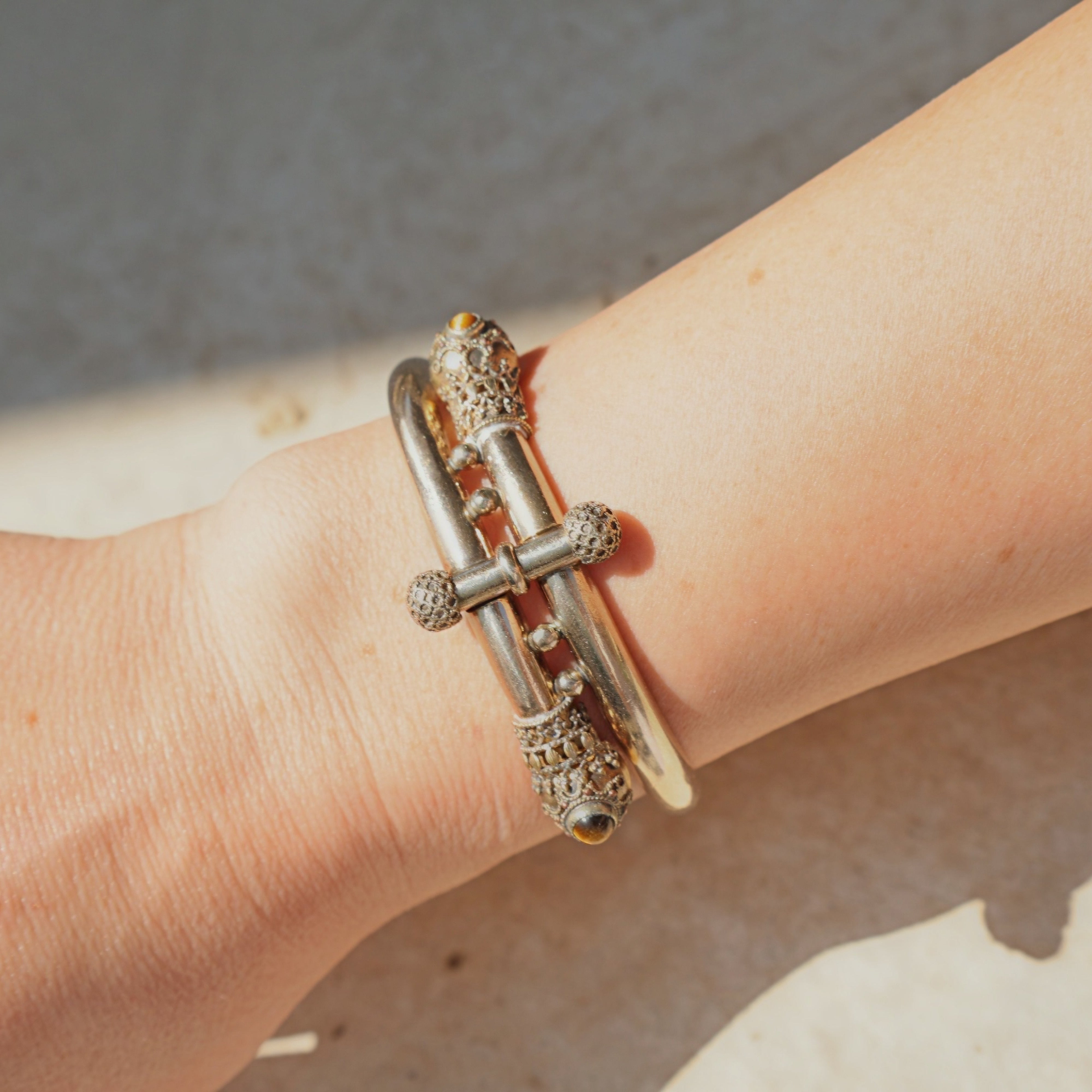 Vivian Grace Vintage Bracelet Rose Gold Vintage Victorian Etruscan Revival Bypass Bangle Bracelet (circa 1880)- Tigers Eye