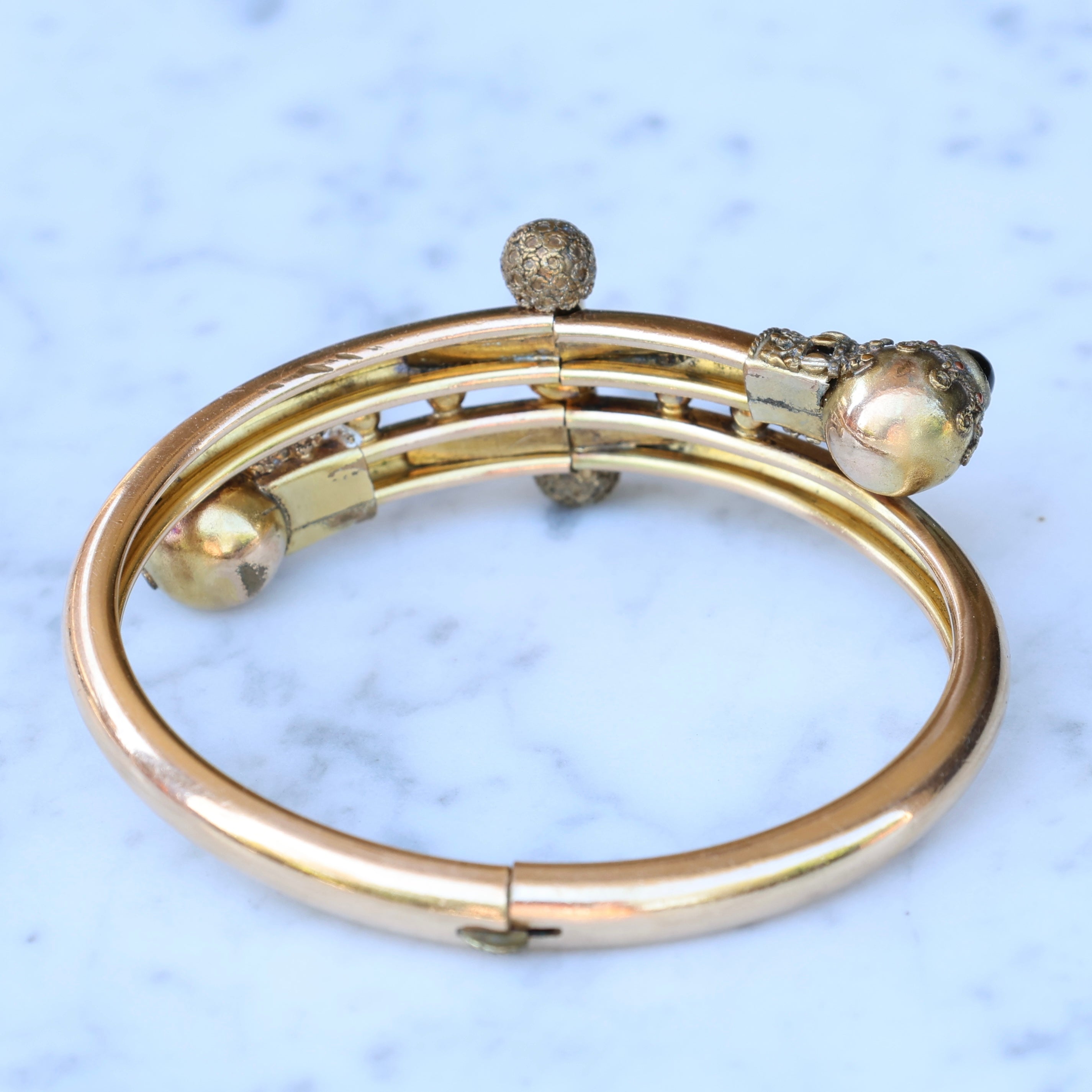 Vivian Grace Vintage Bracelet Rose Gold Vintage Victorian Etruscan Revival Bypass Bangle Bracelet (circa 1880)- Tigers Eye