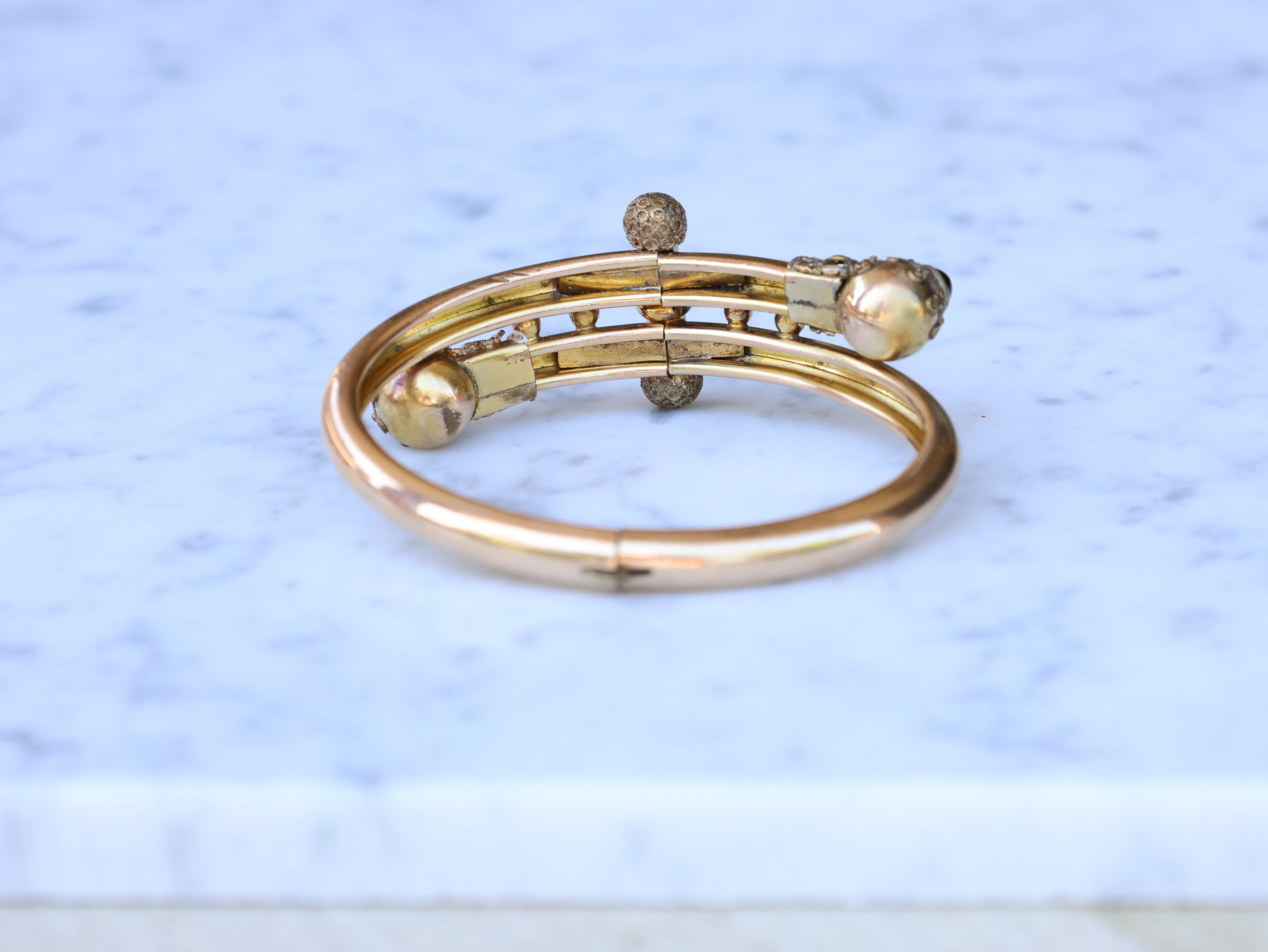 Vivian Grace Vintage Bracelet Rose Gold Vintage Victorian Etruscan Revival Bypass Bangle Bracelet (circa 1880)- Tigers Eye
