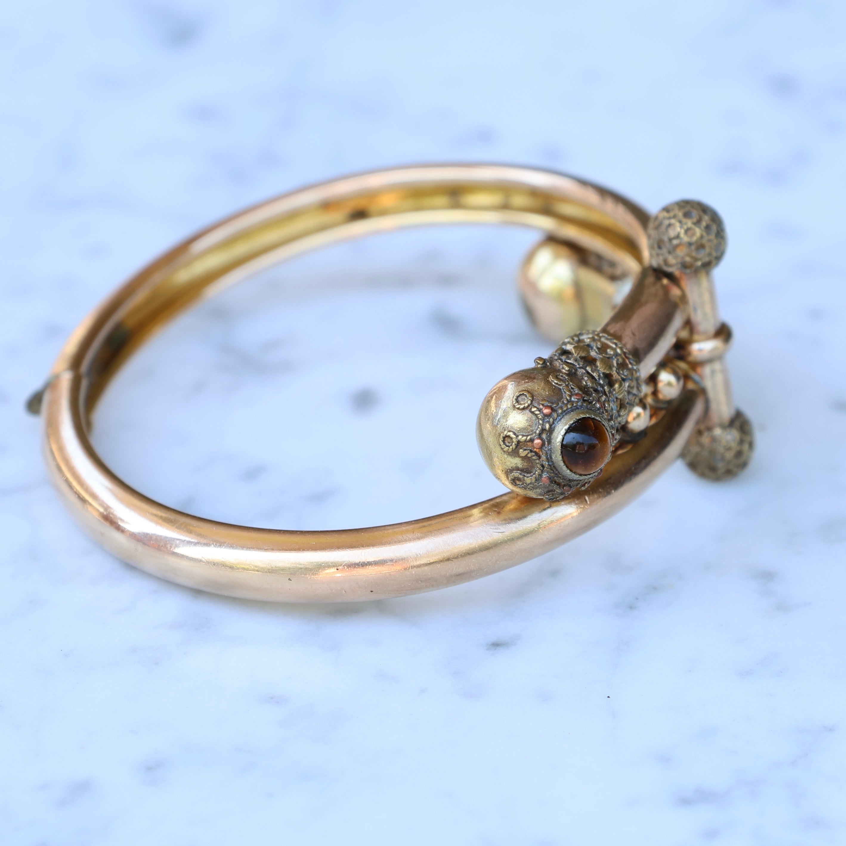 Vivian Grace Vintage Bracelet Rose Gold Vintage Victorian Etruscan Revival Bypass Bangle Bracelet (circa 1880)- Tigers Eye