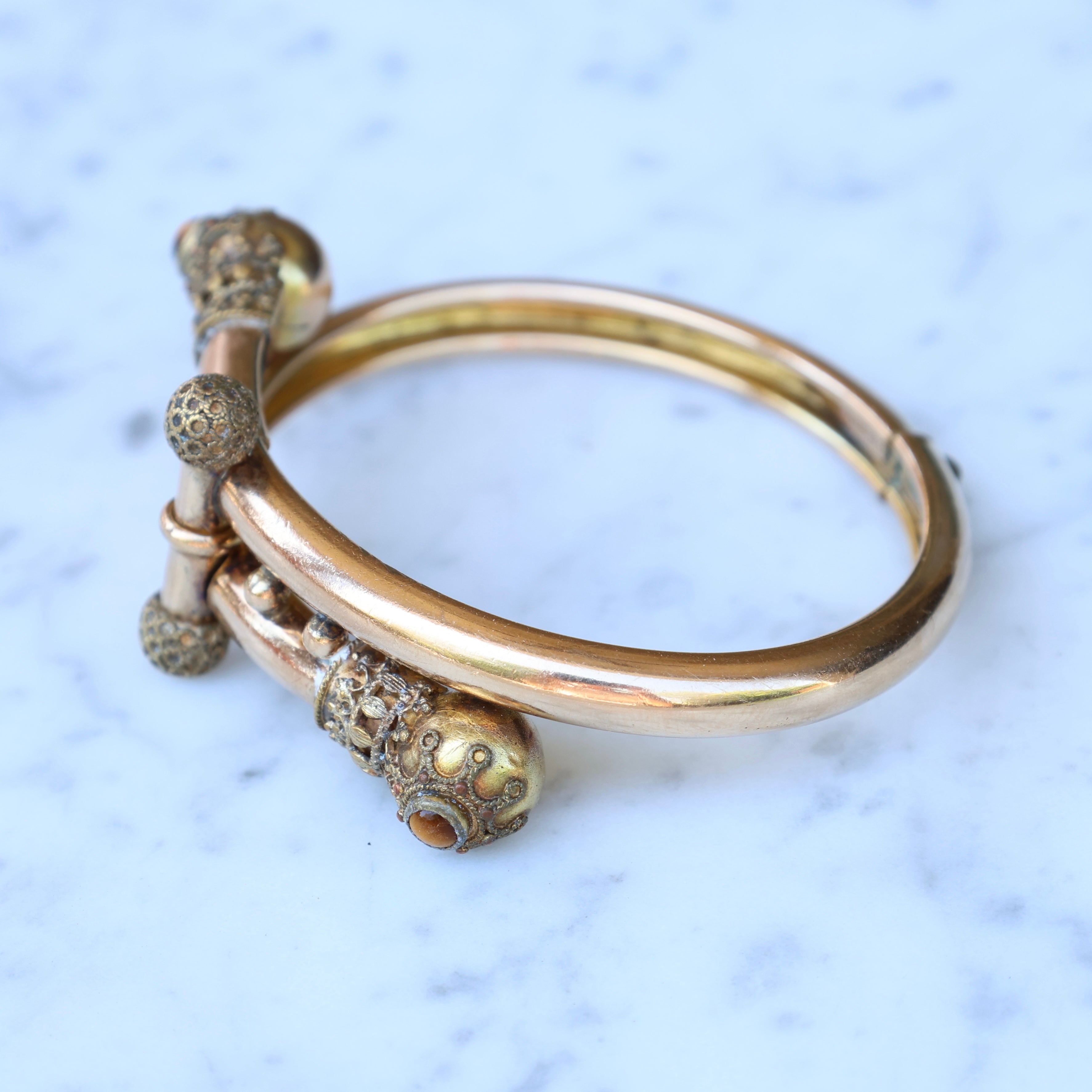 Vivian Grace Vintage Bracelet Rose Gold Vintage Victorian Etruscan Revival Bypass Bangle Bracelet (circa 1880)- Tigers Eye
