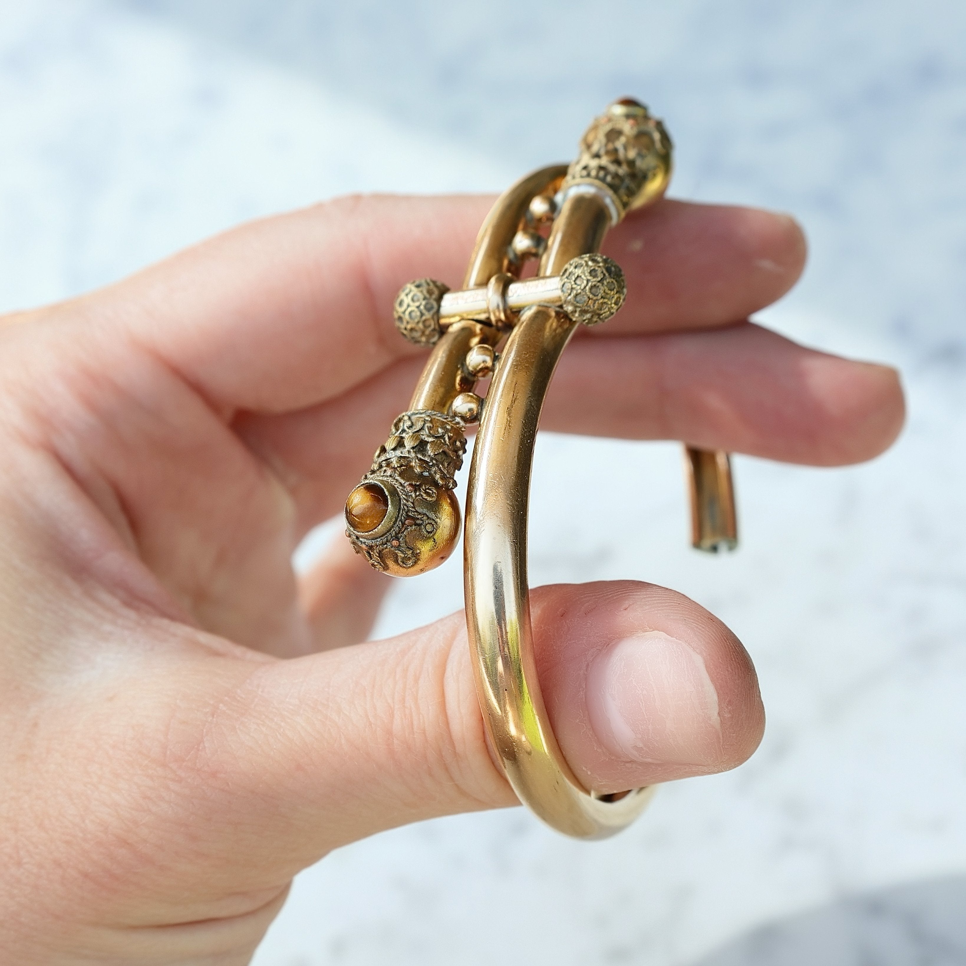 Vivian Grace Vintage Bracelet Rose Gold Vintage Victorian Etruscan Revival Bypass Bangle Bracelet (circa 1880)- Tigers Eye