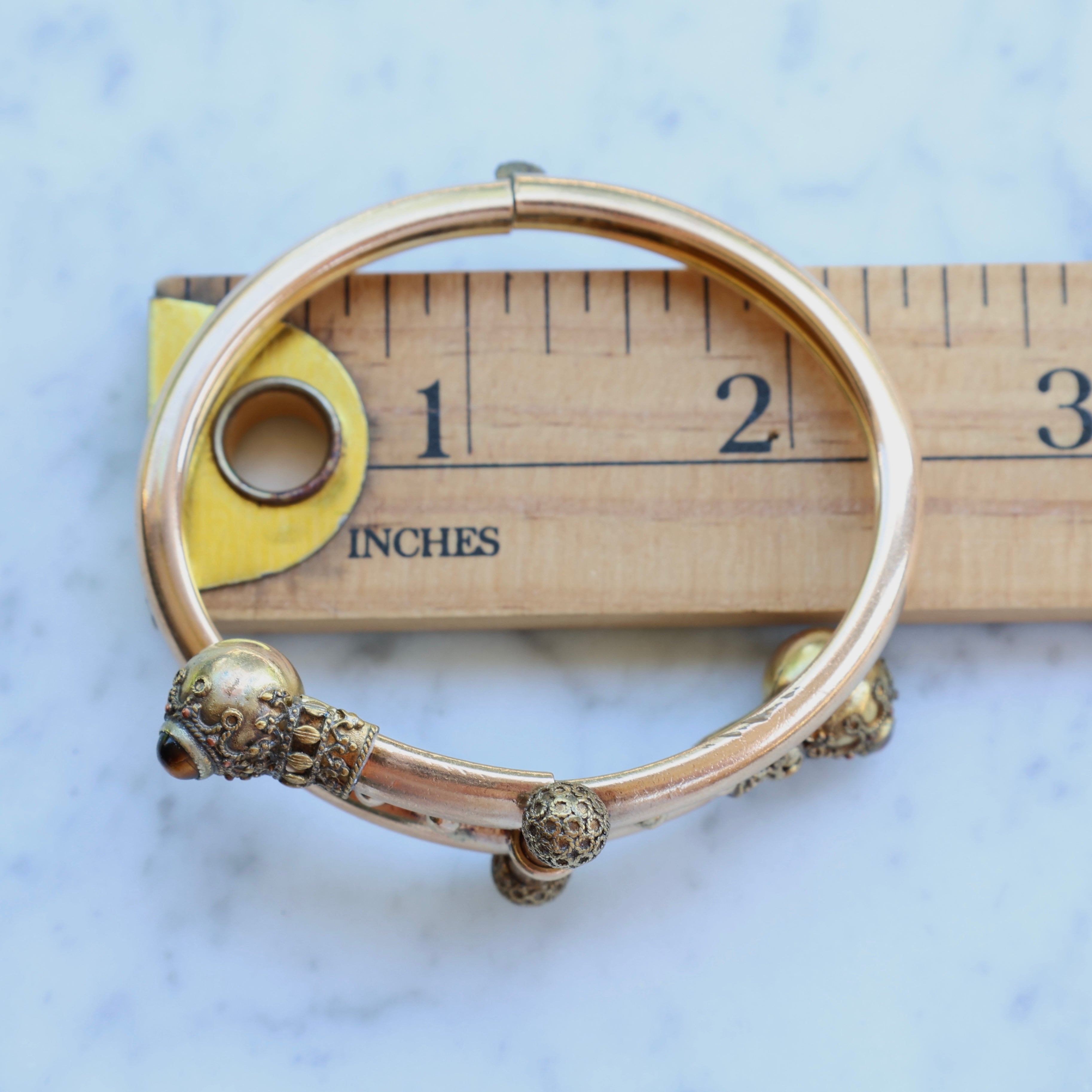 Vivian Grace Vintage Bracelet Rose Gold Vintage Victorian Etruscan Revival Bypass Bangle Bracelet (circa 1880)- Tigers Eye