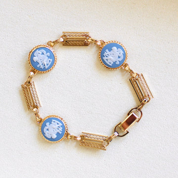 Vivian Grace Vintage Bracelet Vintage 14k Gold Filled Blue Wedgwood Panel Bracelet- Blue Jasperware Cameo