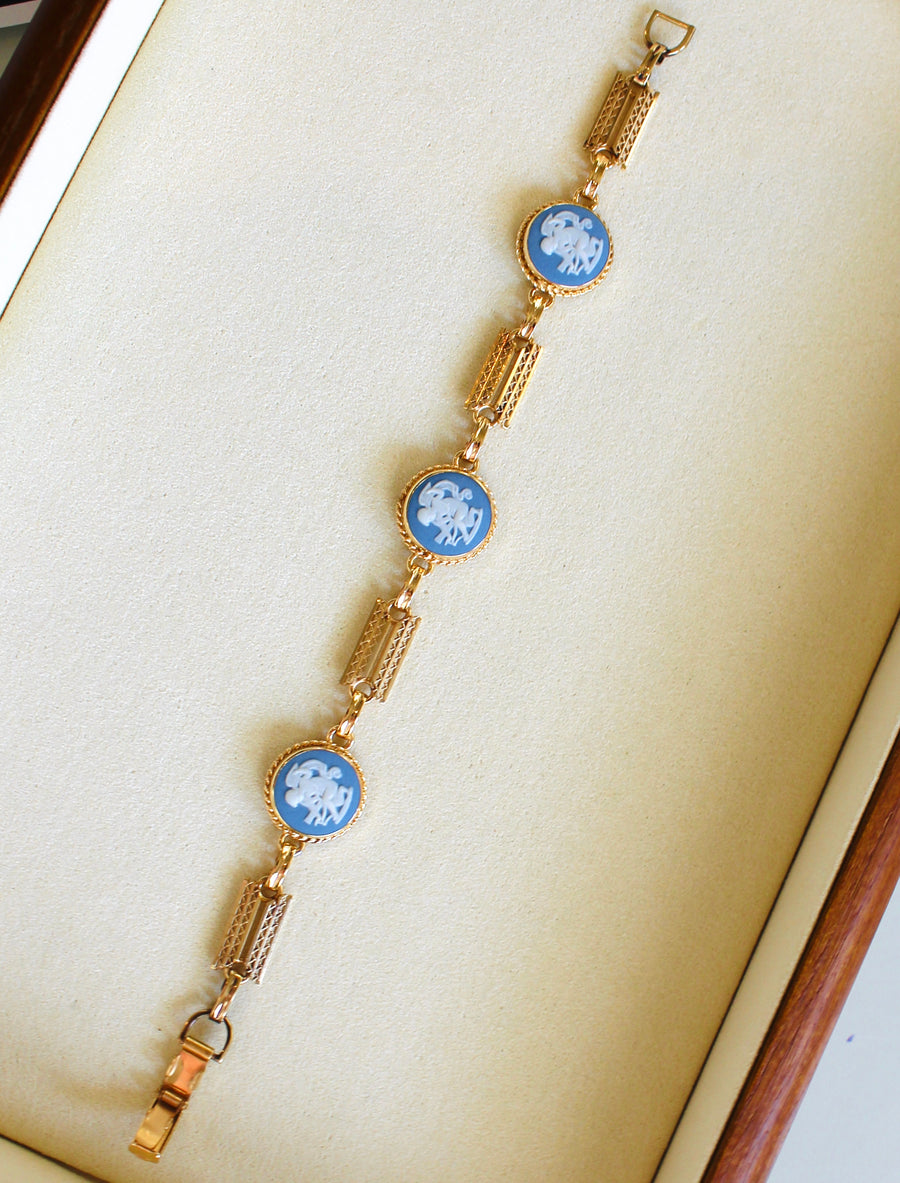 Vivian Grace Vintage Bracelet Vintage 14k Gold Filled Blue Wedgwood Panel Bracelet- Blue Jasperware Cameo