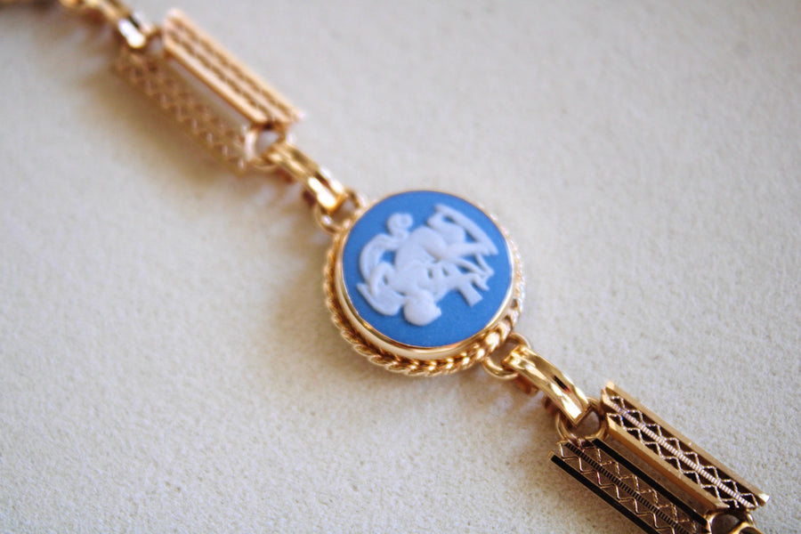 Vivian Grace Vintage Bracelet Vintage 14k Gold Filled Blue Wedgwood Panel Bracelet- Blue Jasperware Cameo