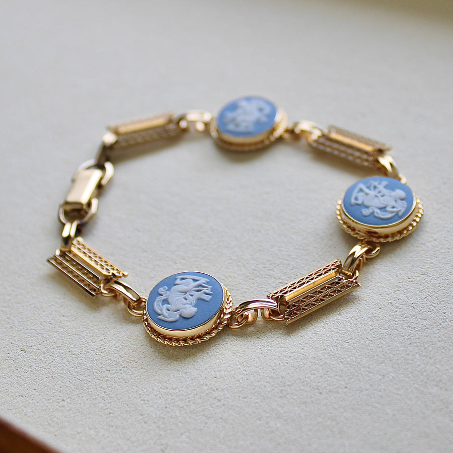 Vivian Grace Vintage Bracelet Vintage 14k Gold Filled Blue Wedgwood Panel Bracelet- Blue Jasperware Cameo