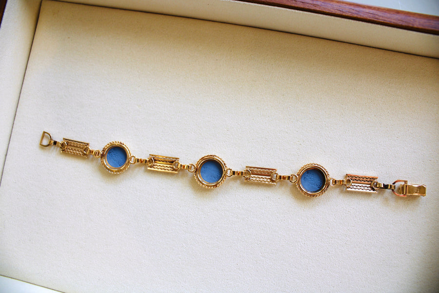 Vivian Grace Vintage Bracelet Vintage 14k Gold Filled Blue Wedgwood Panel Bracelet- Blue Jasperware Cameo