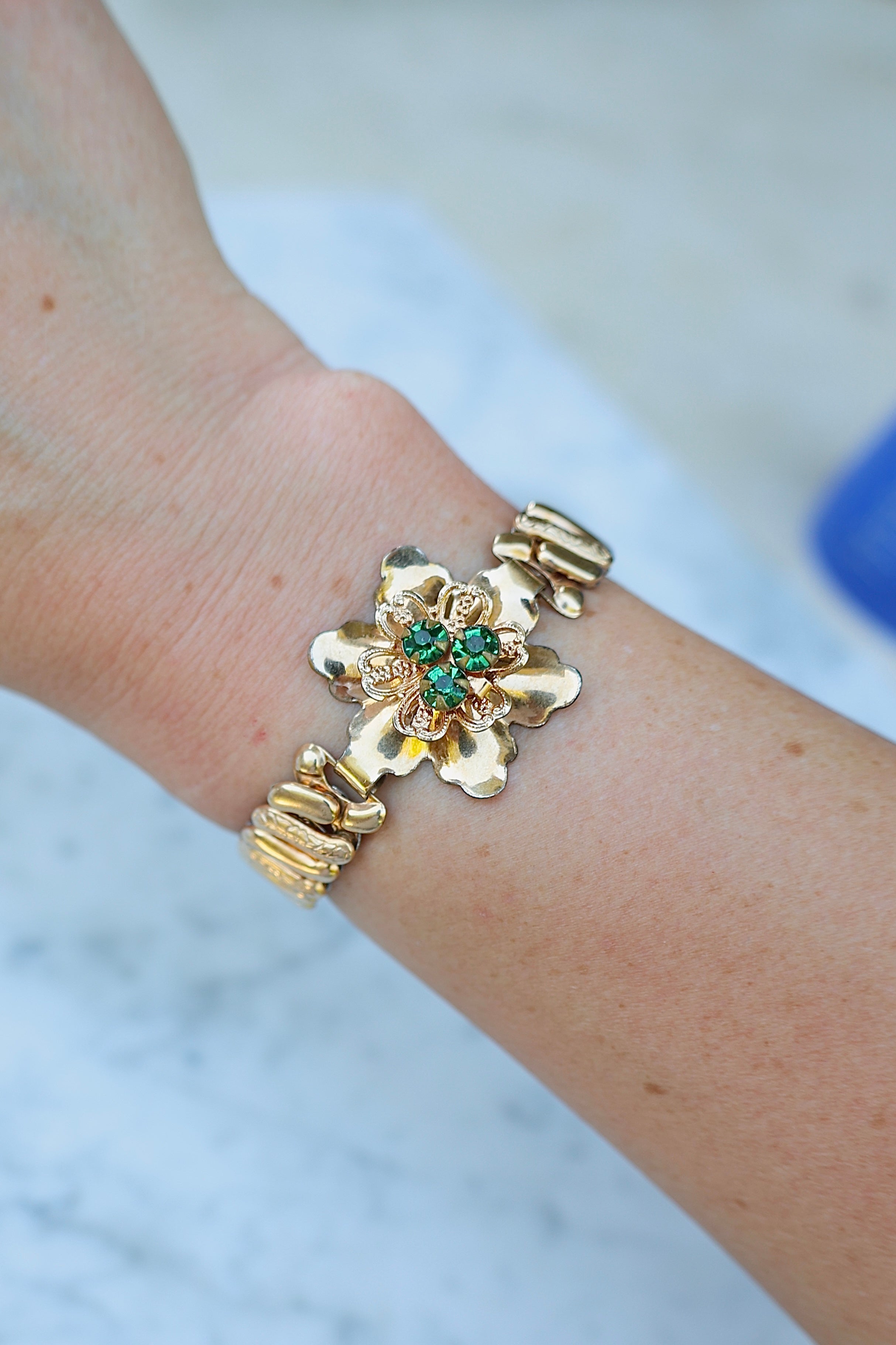 Vivian Grace Vintage Bracelet Vintage Emerald Paste Flower Sweetheart Expansion Bracelet (circa 1940)- 1/20 12k Gold Filled
