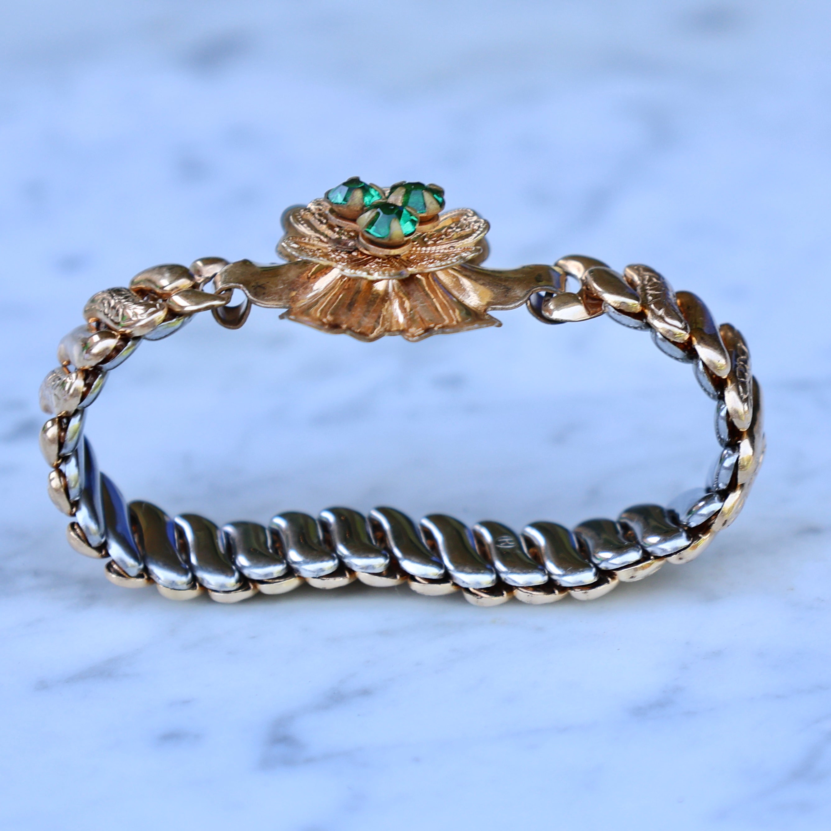 Vivian Grace Vintage Bracelet Vintage Emerald Paste Flower Sweetheart Expansion Bracelet (circa 1940)- 1/20 12k Gold Filled