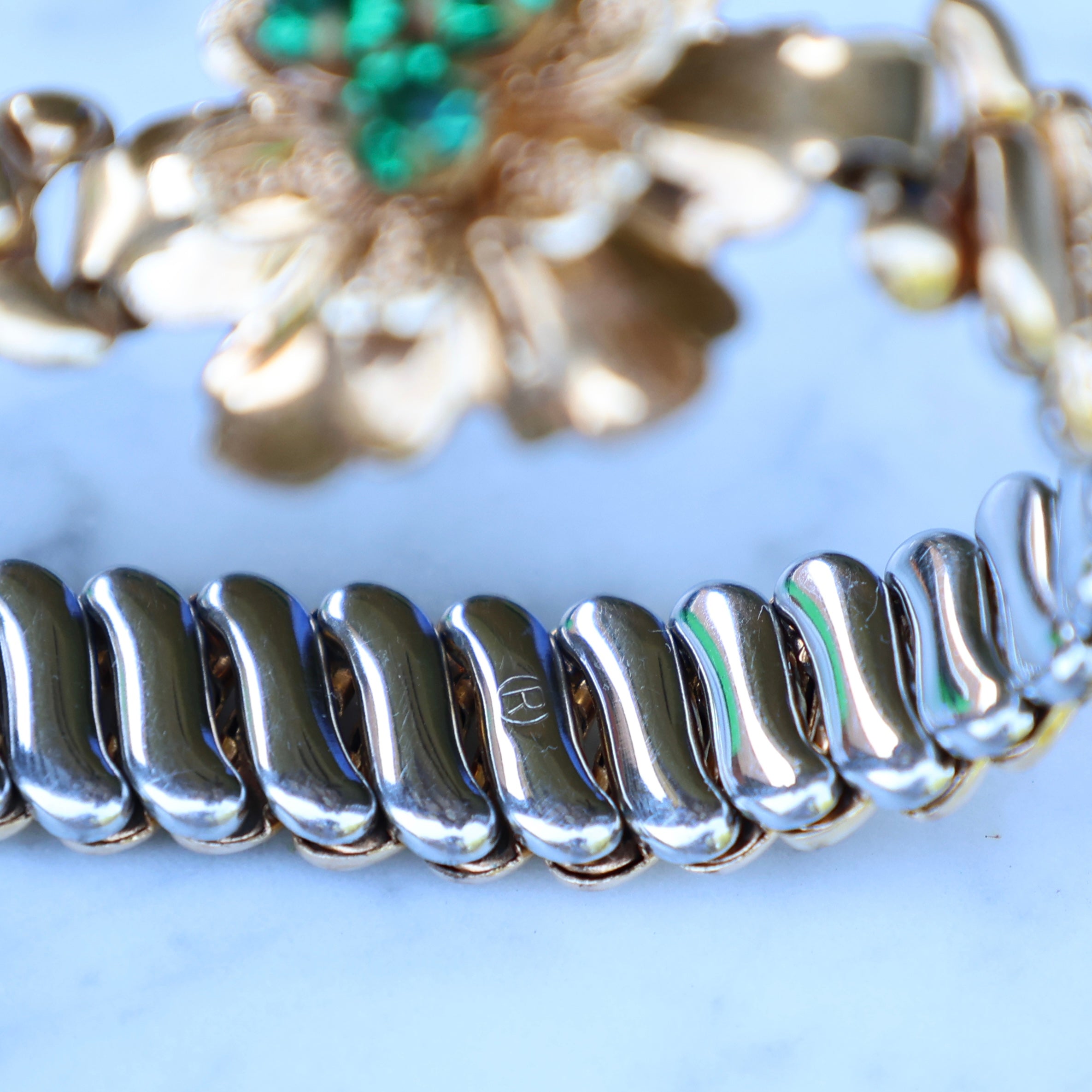 Vivian Grace Vintage Bracelet Vintage Emerald Paste Flower Sweetheart Expansion Bracelet (circa 1940)- 1/20 12k Gold Filled