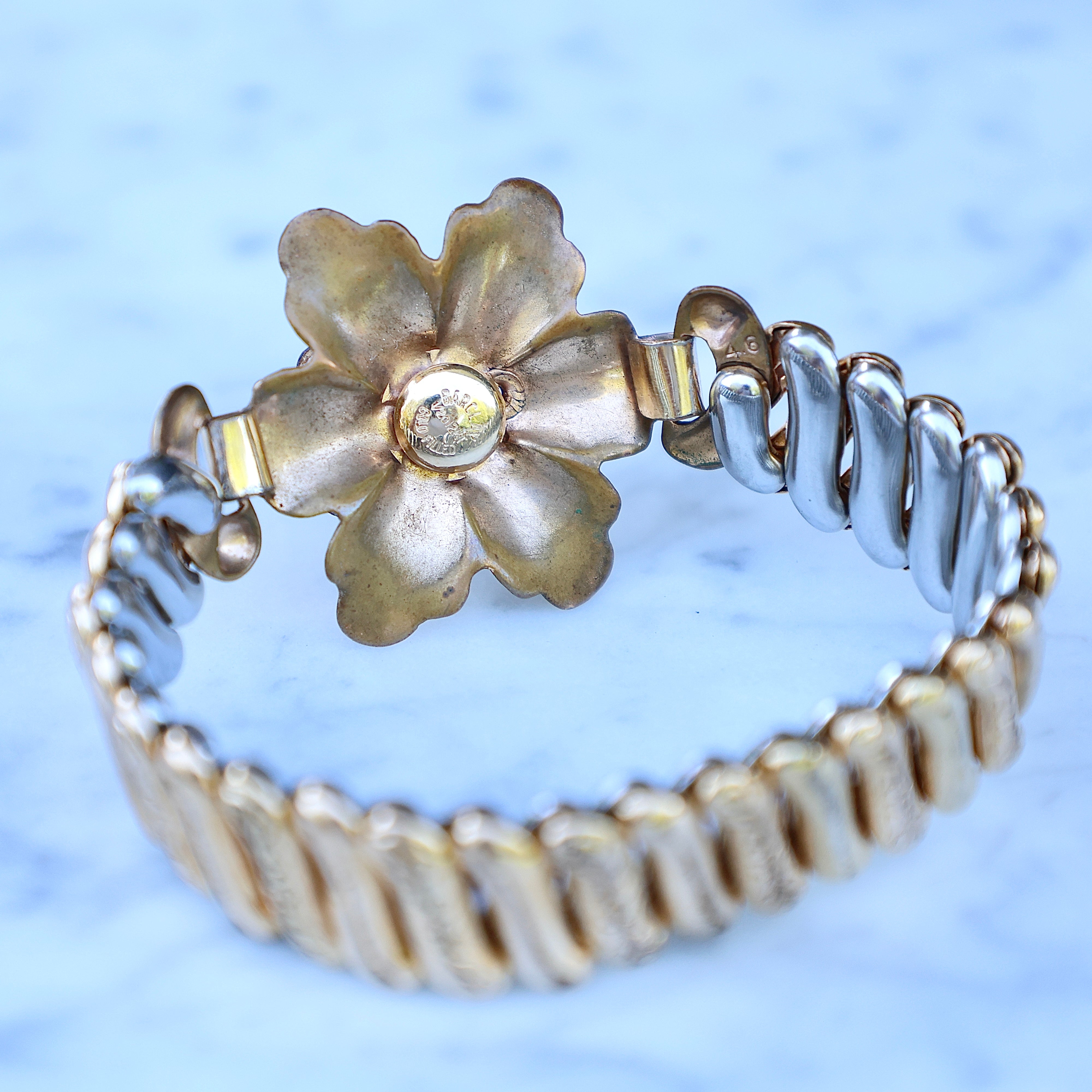 Vivian Grace Vintage Bracelet Vintage Emerald Paste Flower Sweetheart Expansion Bracelet (circa 1940)- 1/20 12k Gold Filled