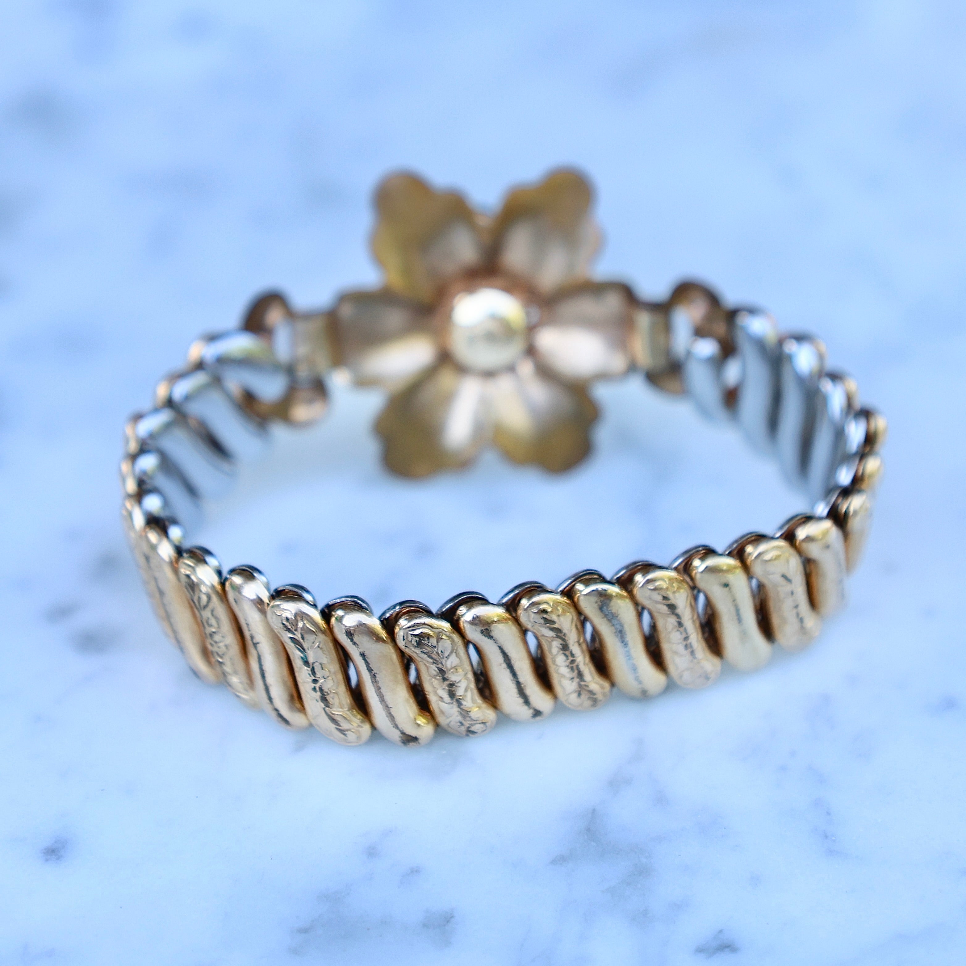 Vivian Grace Vintage Bracelet Vintage Emerald Paste Flower Sweetheart Expansion Bracelet (circa 1940)- 1/20 12k Gold Filled