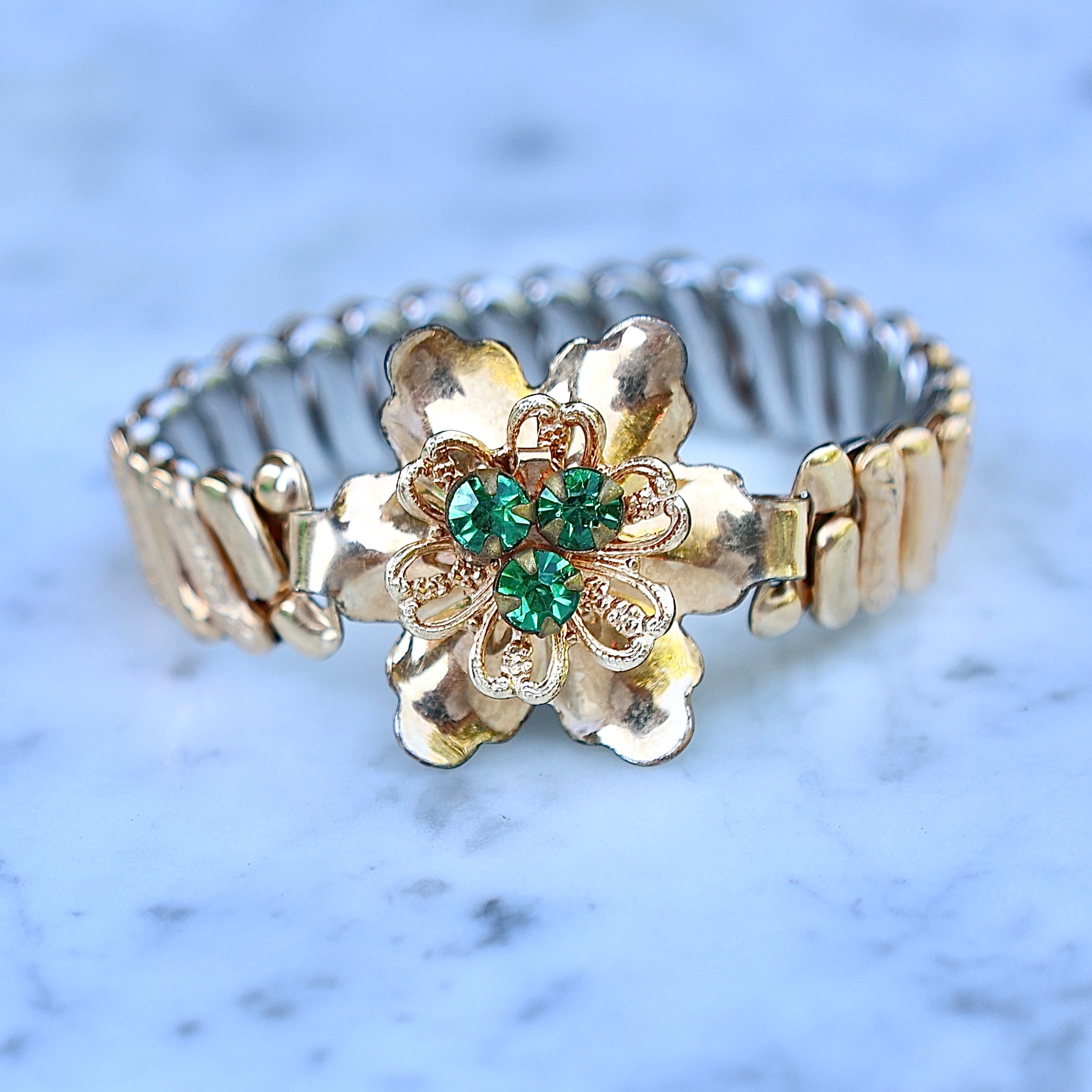 Vivian Grace Vintage Bracelet Vintage Emerald Paste Flower Sweetheart Expansion Bracelet (circa 1940)- 1/20 12k Gold Filled