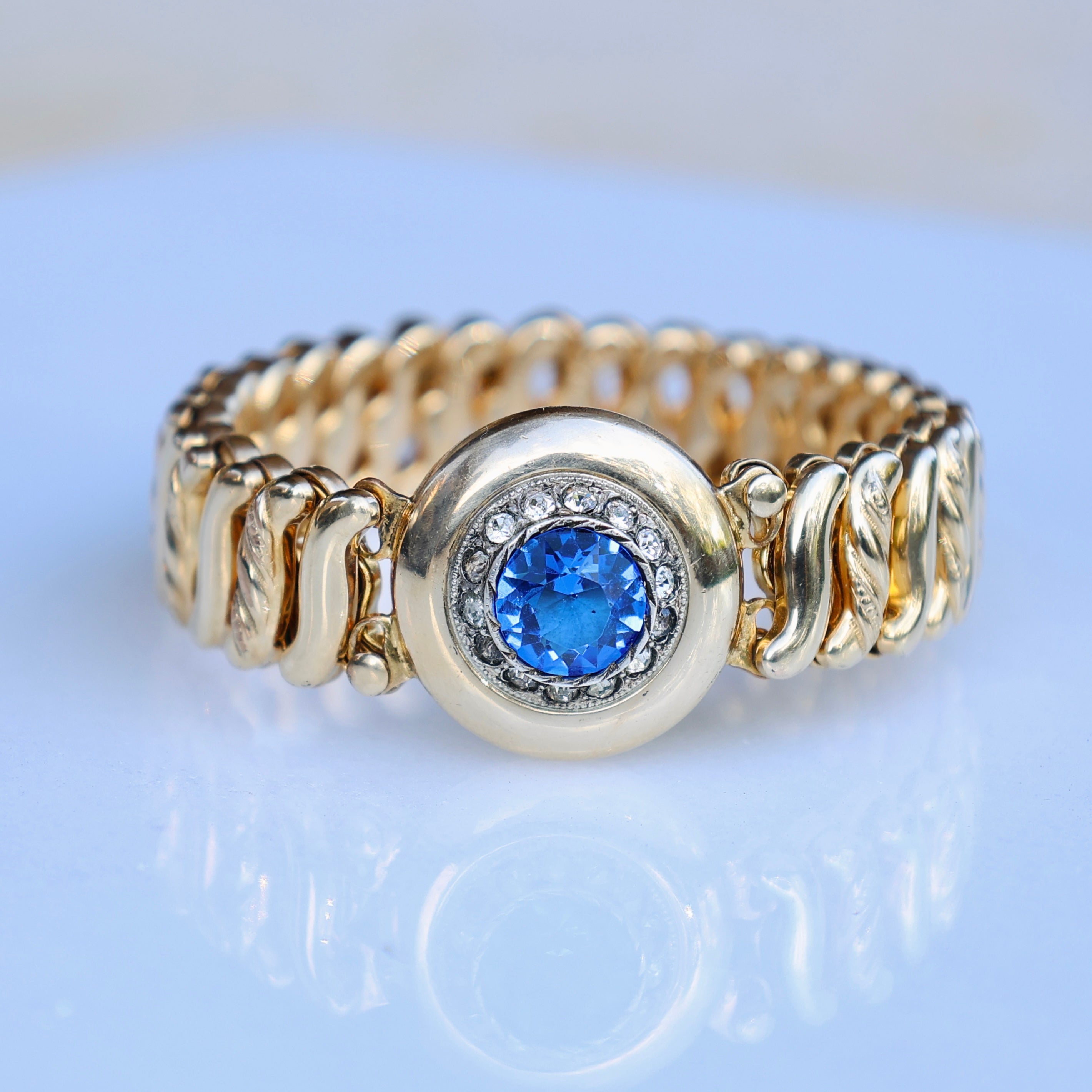 Vivian Grace Vintage Bracelet Vintage Gold Filled Sweetheart Expansion Bracelet - Blue Glass Gemstone (circa 1930)
