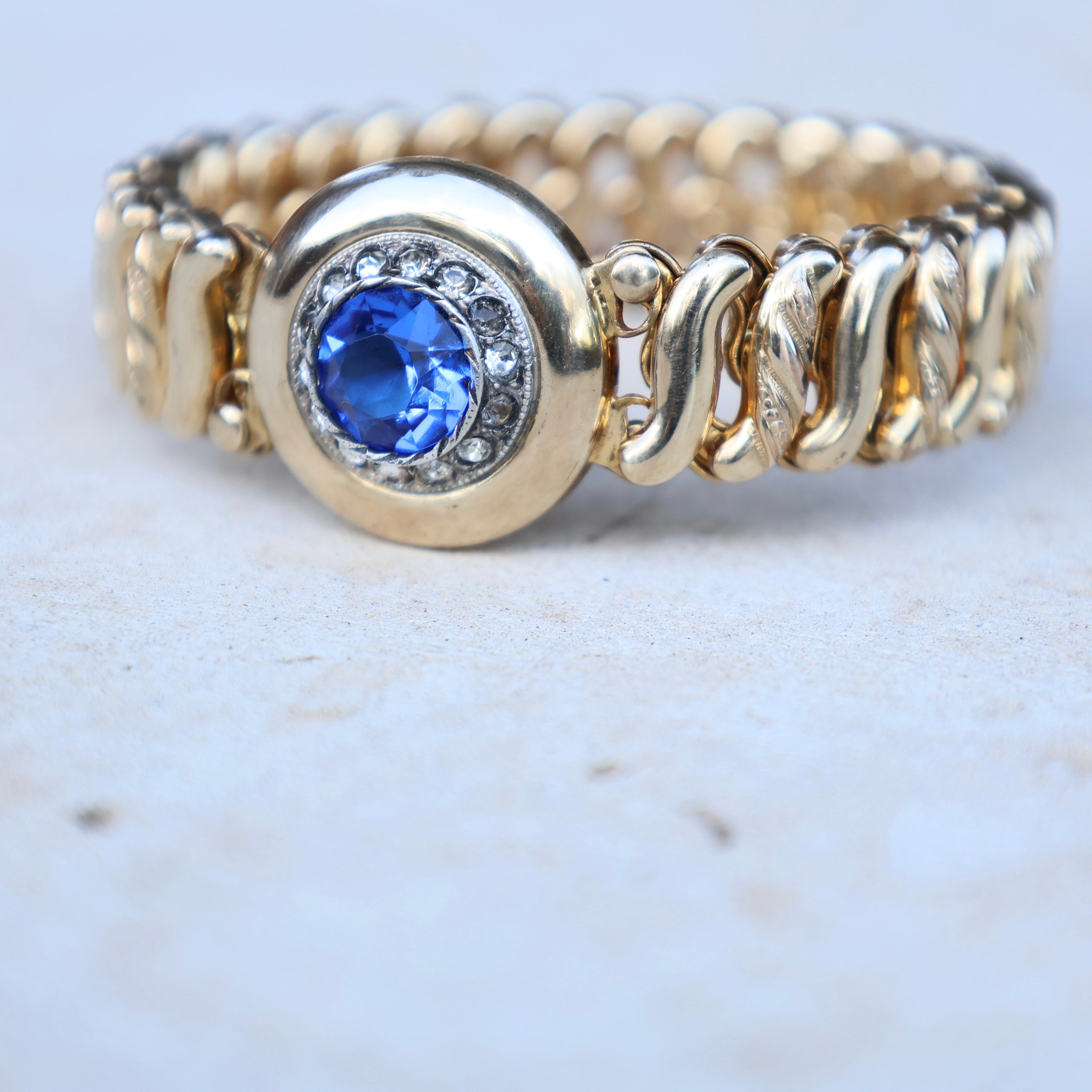 Vivian Grace Vintage Bracelet Vintage Gold Filled Sweetheart Expansion Bracelet - Blue Glass Gemstone (circa 1930)
