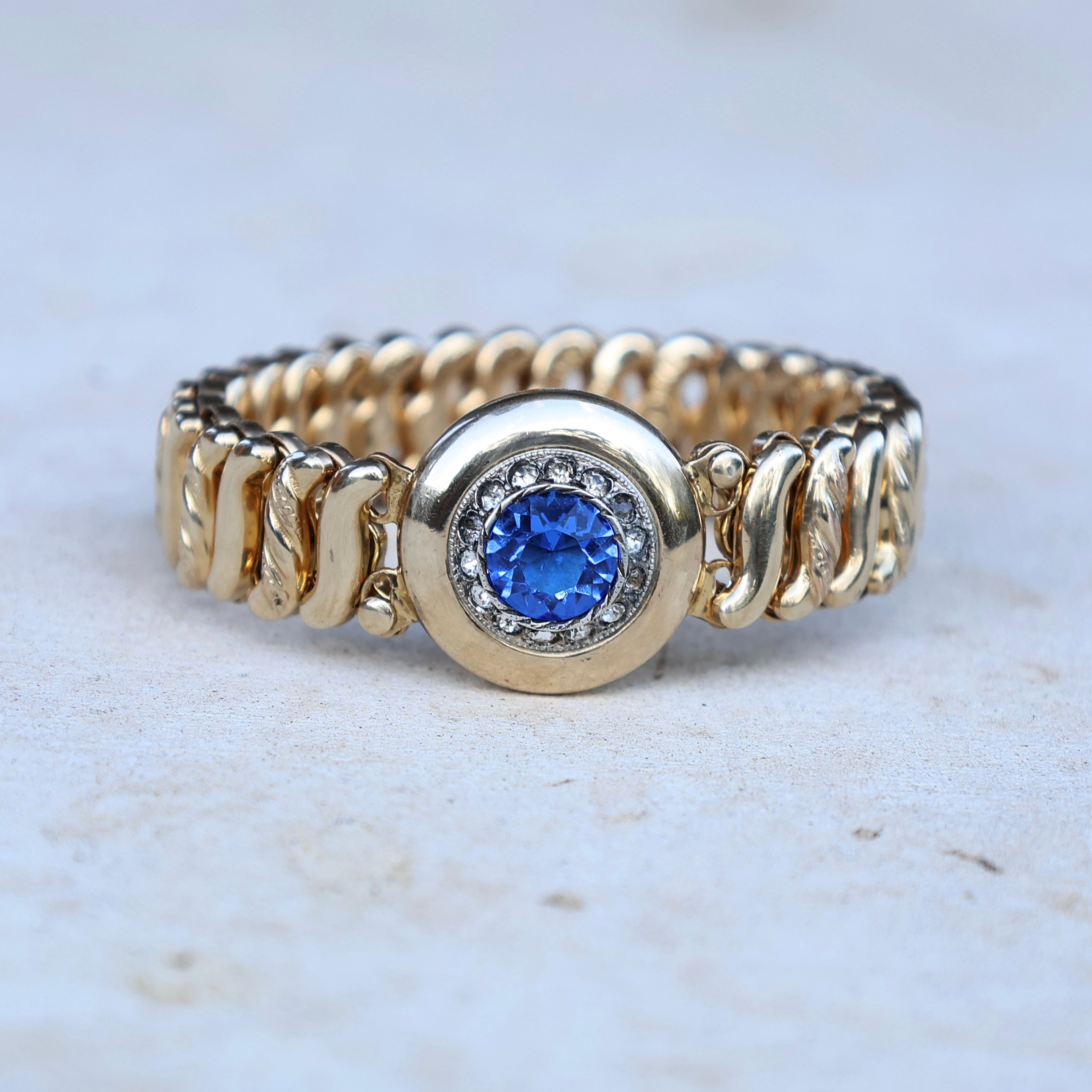 Vivian Grace Vintage Bracelet Vintage Gold Filled Sweetheart Expansion Bracelet - Blue Glass Gemstone (circa 1930)