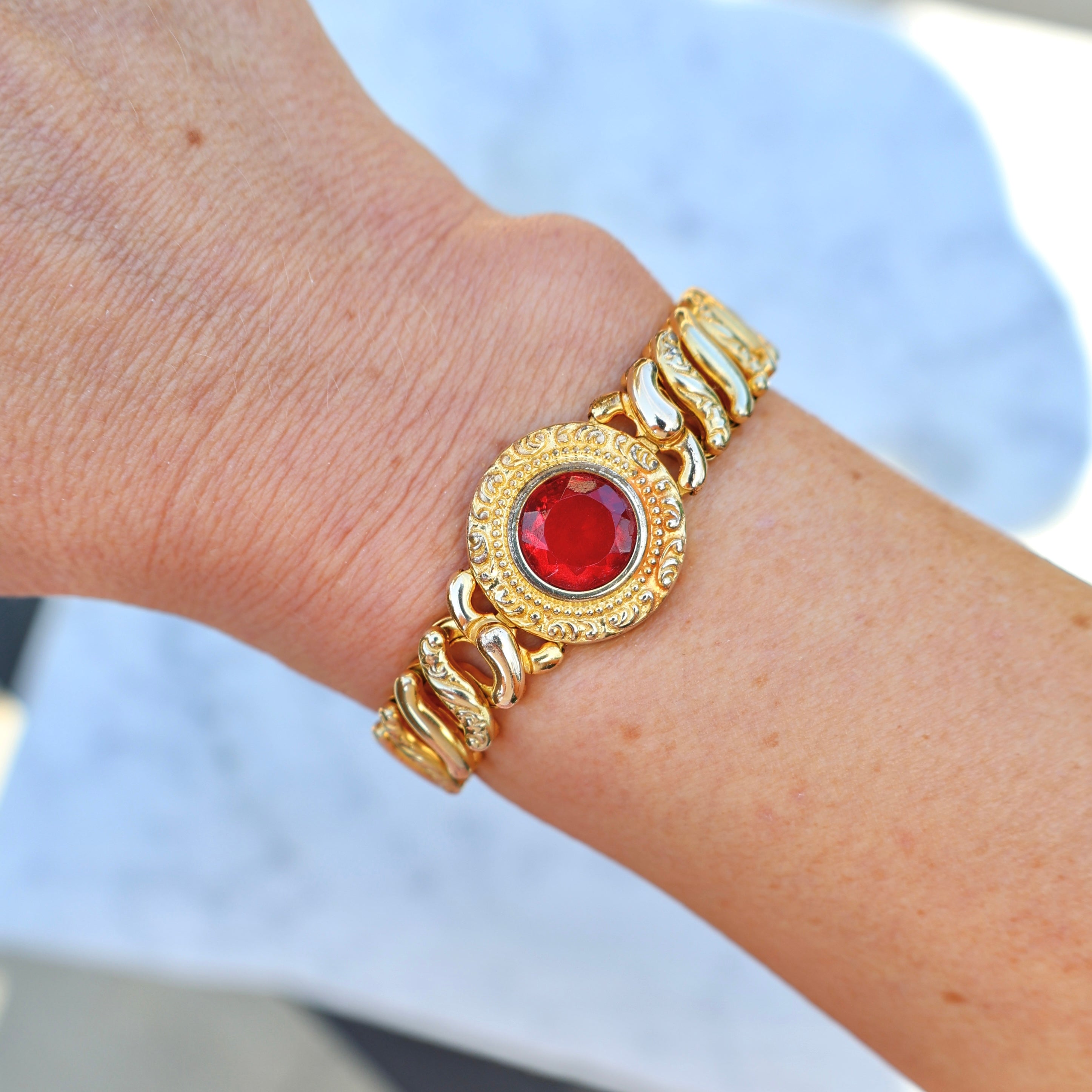Vivian Grace Vintage Bracelet Vintage Gold Filled Sweetheart Expansion Bracelet - Red Glass Gemstone (circa 1930)