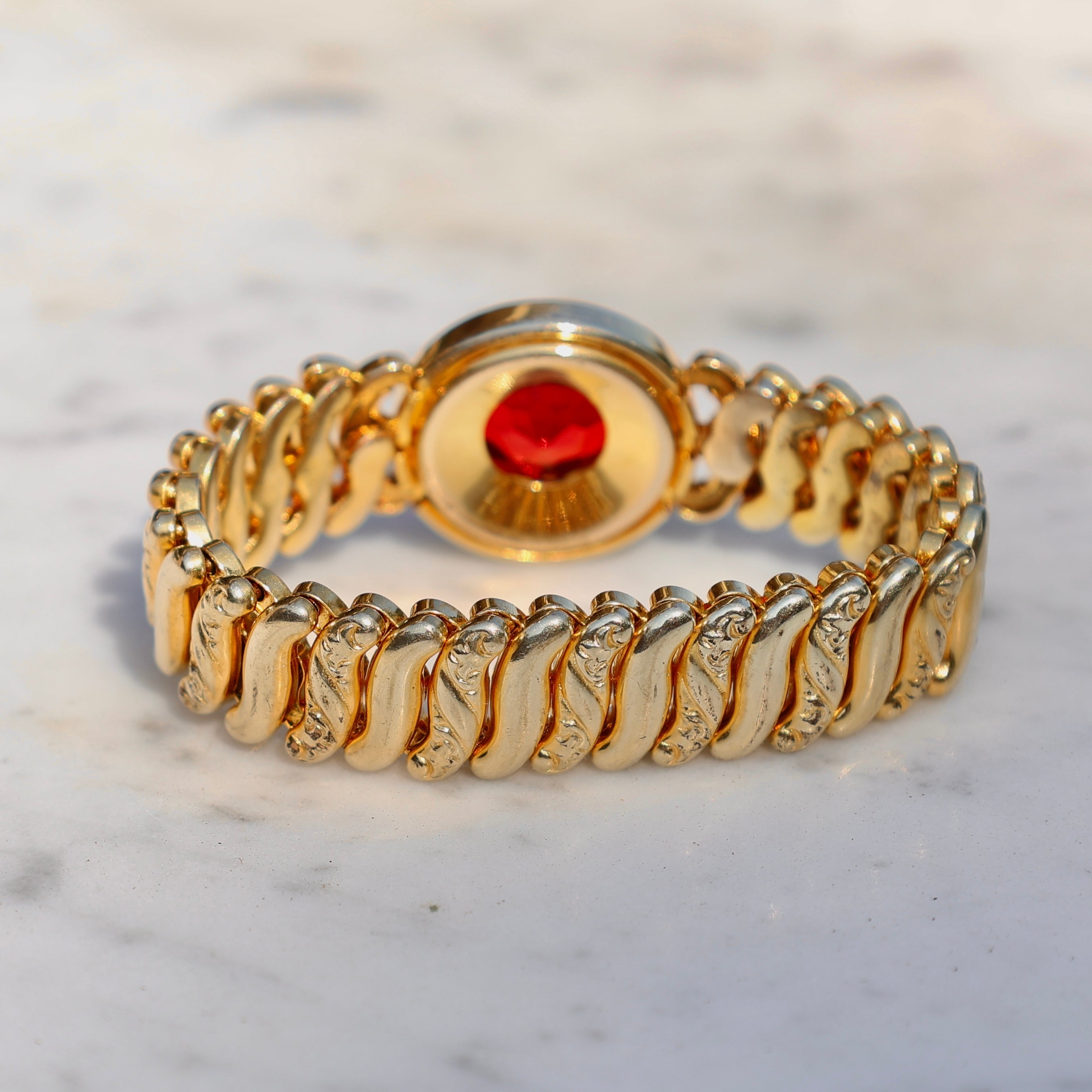 Vivian Grace Vintage Bracelet Vintage Gold Filled Sweetheart Expansion Bracelet - Red Glass Gemstone (circa 1930)