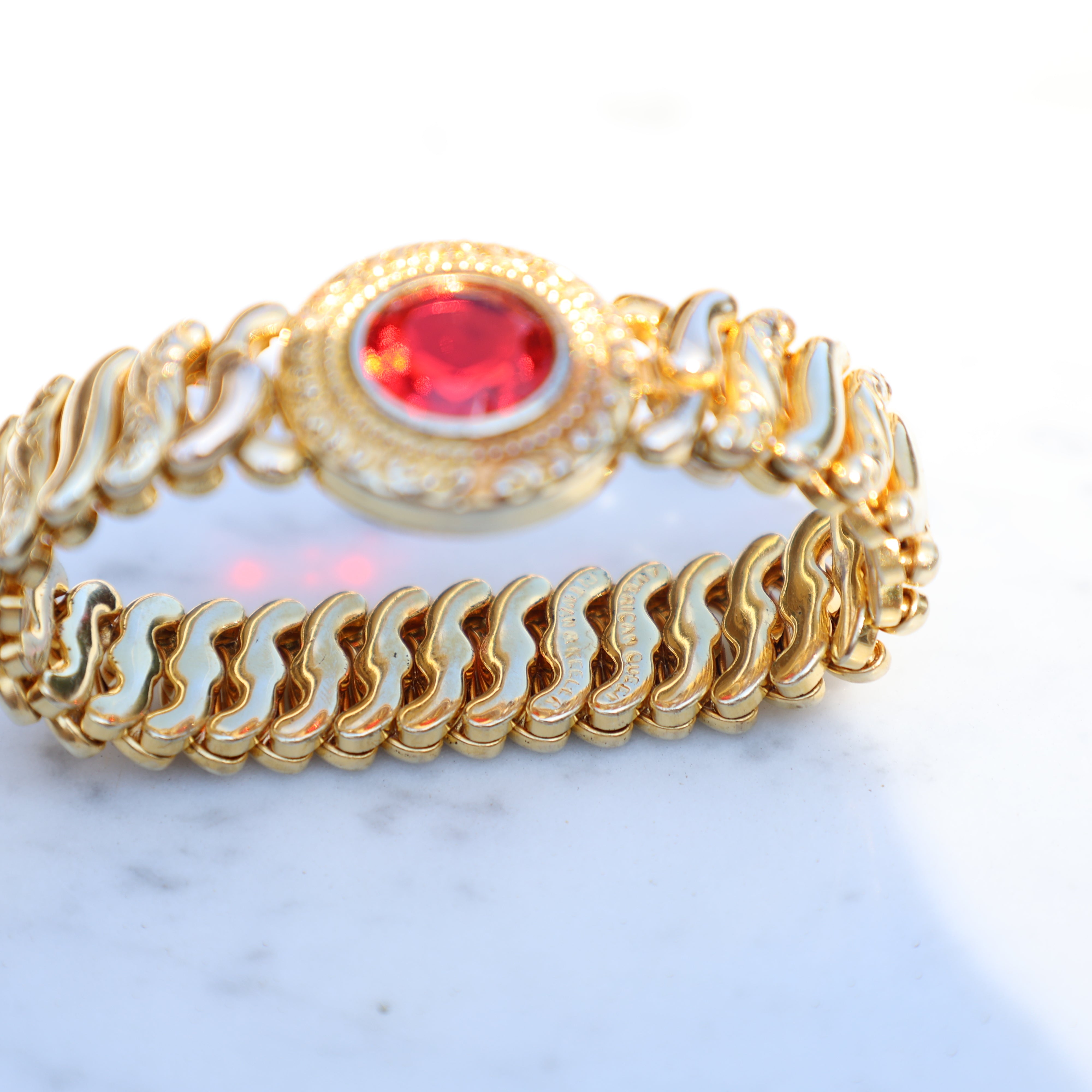 Vivian Grace Vintage Bracelet Vintage Gold Filled Sweetheart Expansion Bracelet - Red Glass Gemstone (circa 1930)