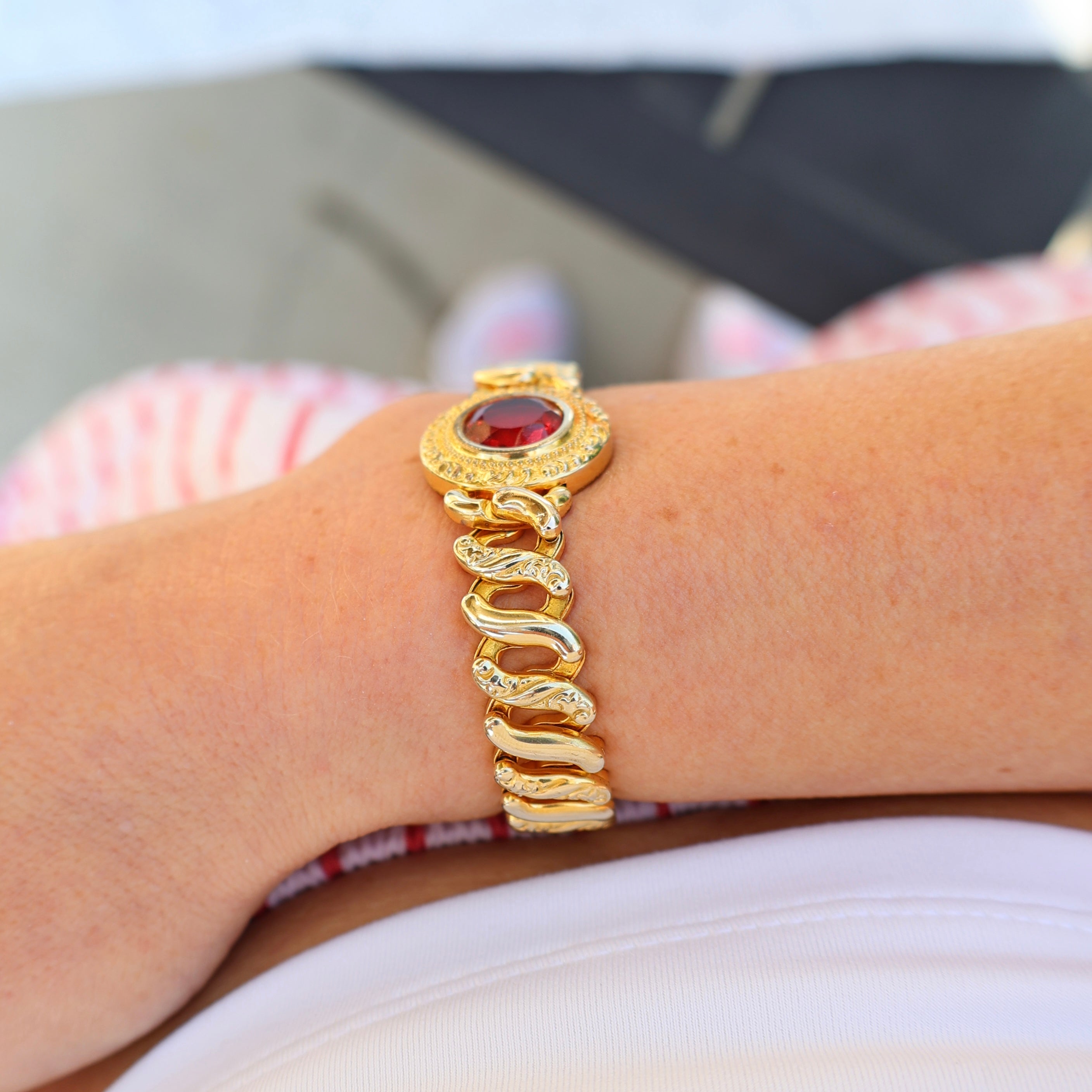 Vivian Grace Vintage Bracelet Vintage Gold Filled Sweetheart Expansion Bracelet - Red Glass Gemstone (circa 1930)