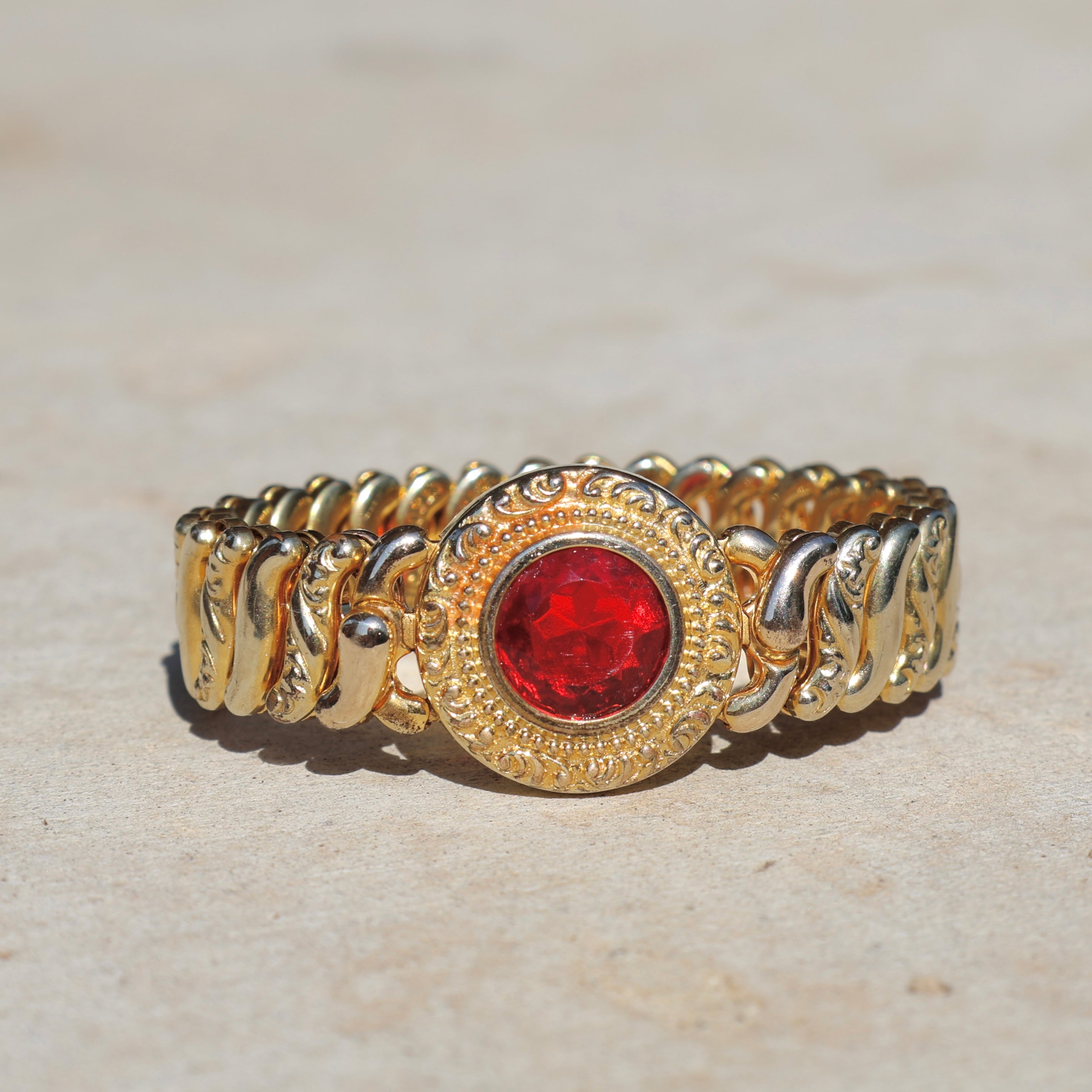 Vivian Grace Vintage Bracelet Vintage Gold Filled Sweetheart Expansion Bracelet - Red Glass Gemstone (circa 1930)