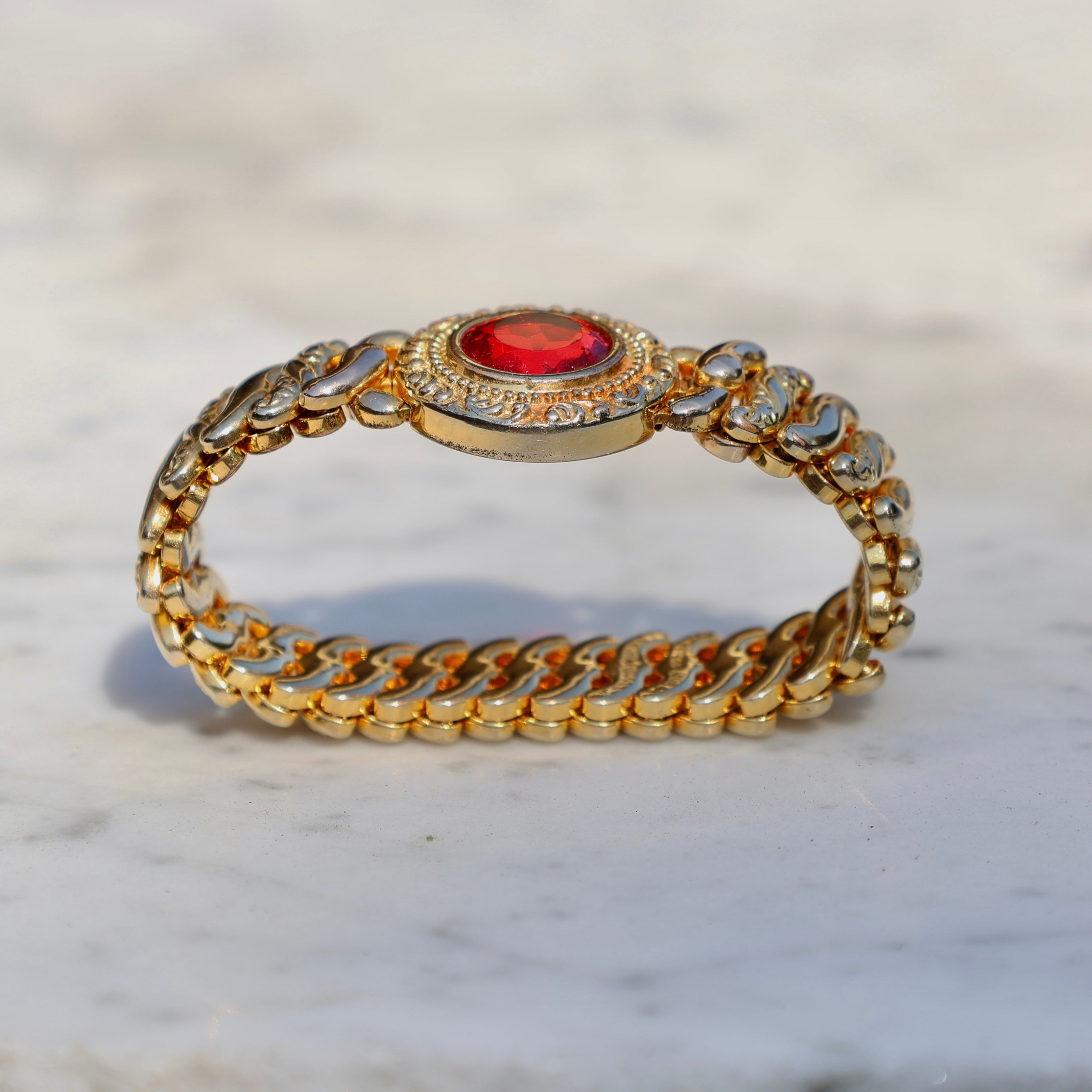 Vivian Grace Vintage Bracelet Vintage Gold Filled Sweetheart Expansion Bracelet - Red Glass Gemstone (circa 1930)