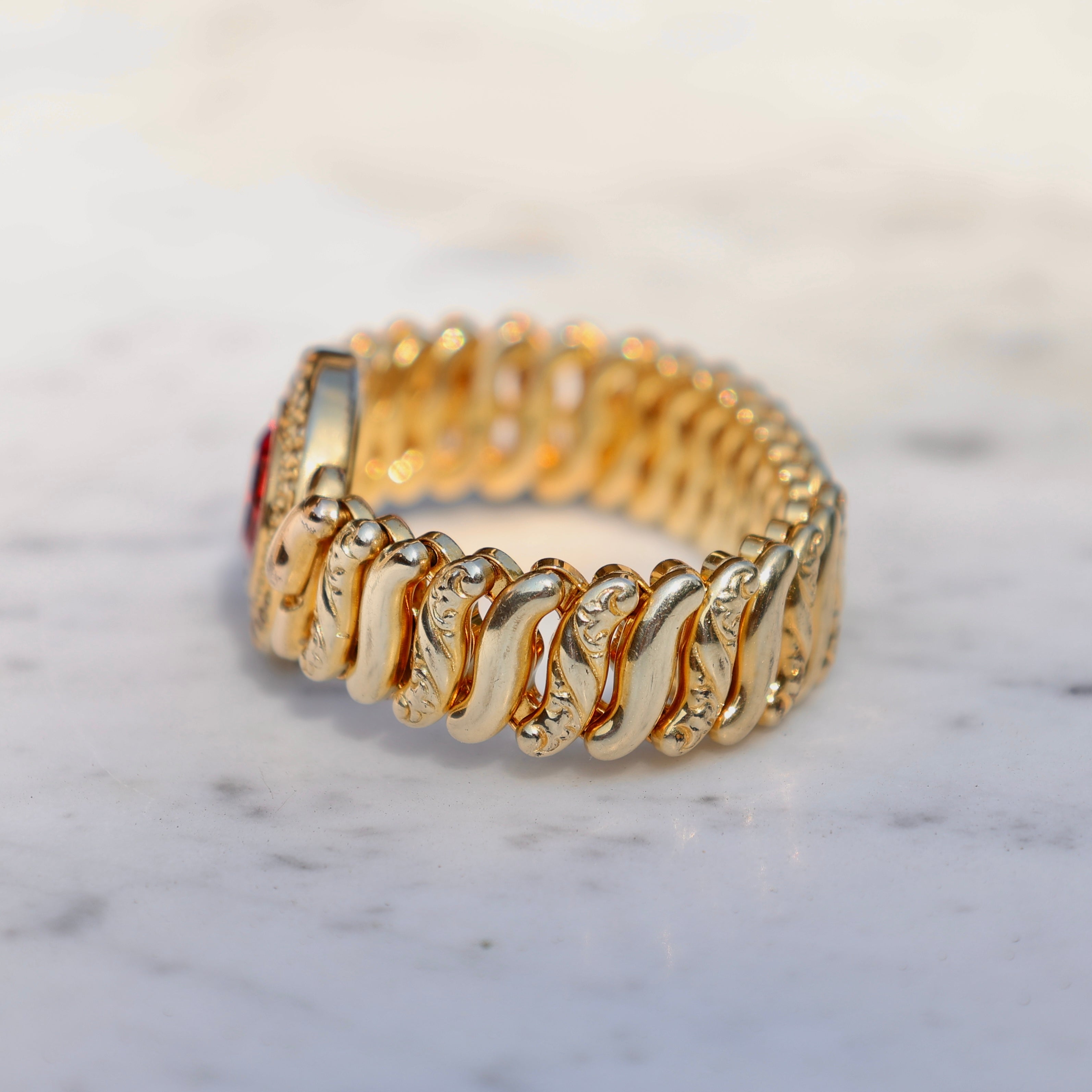 Vivian Grace Vintage Bracelet Vintage Gold Filled Sweetheart Expansion Bracelet - Red Glass Gemstone (circa 1930)