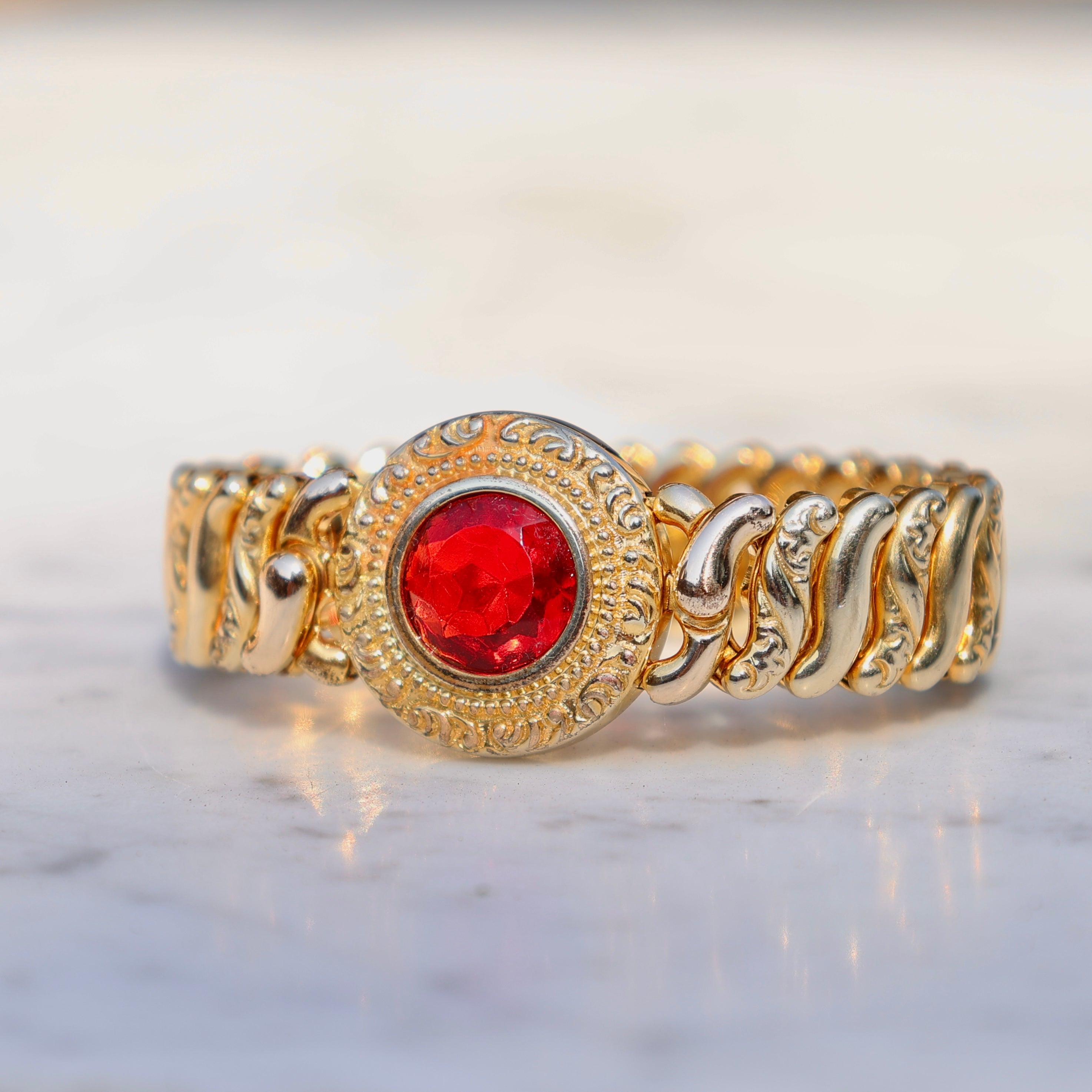 Vivian Grace Vintage Bracelet Vintage Gold Filled Sweetheart Expansion Bracelet - Red Glass Gemstone (circa 1930)