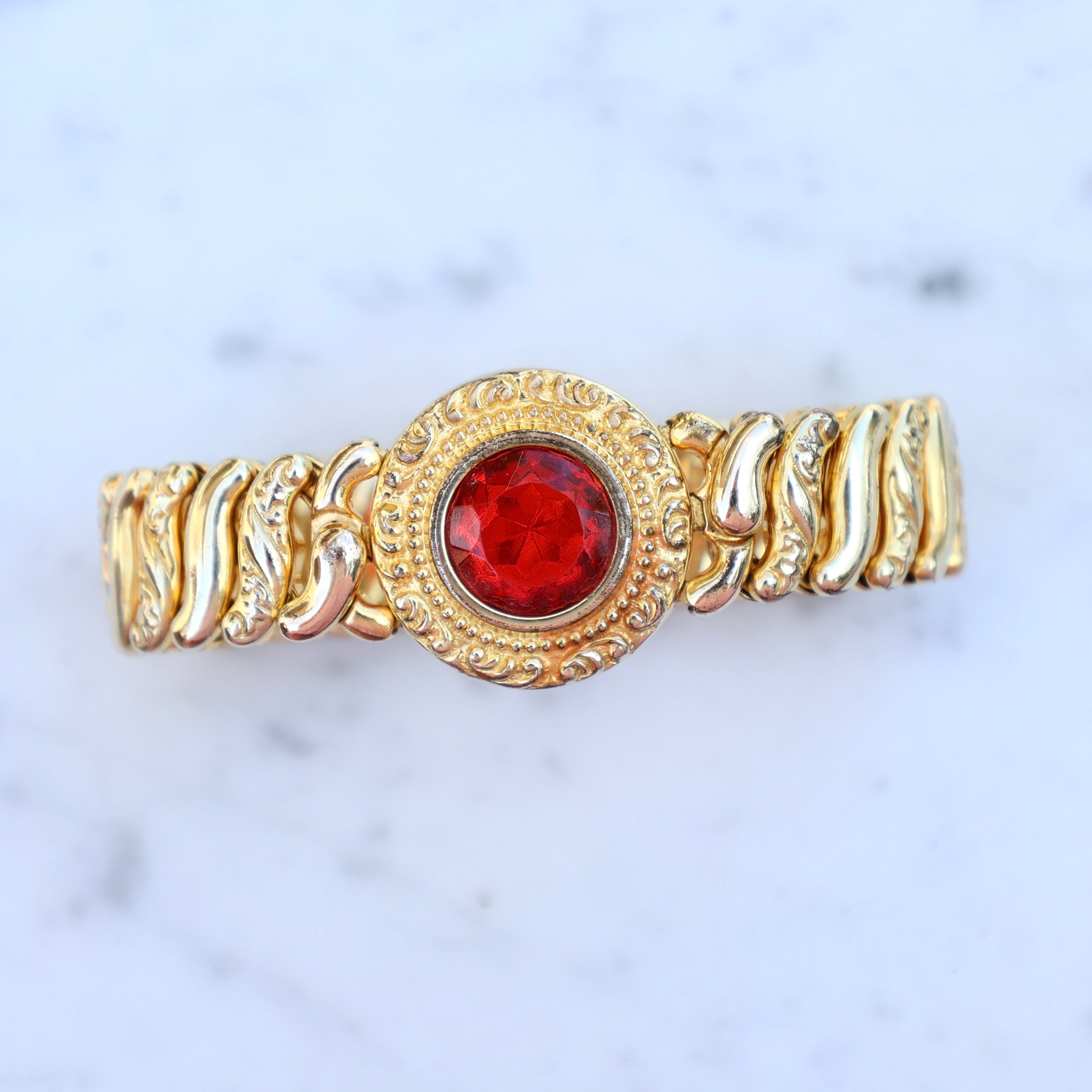 Vivian Grace Vintage Bracelet Vintage Gold Filled Sweetheart Expansion Bracelet - Red Glass Gemstone (circa 1930)