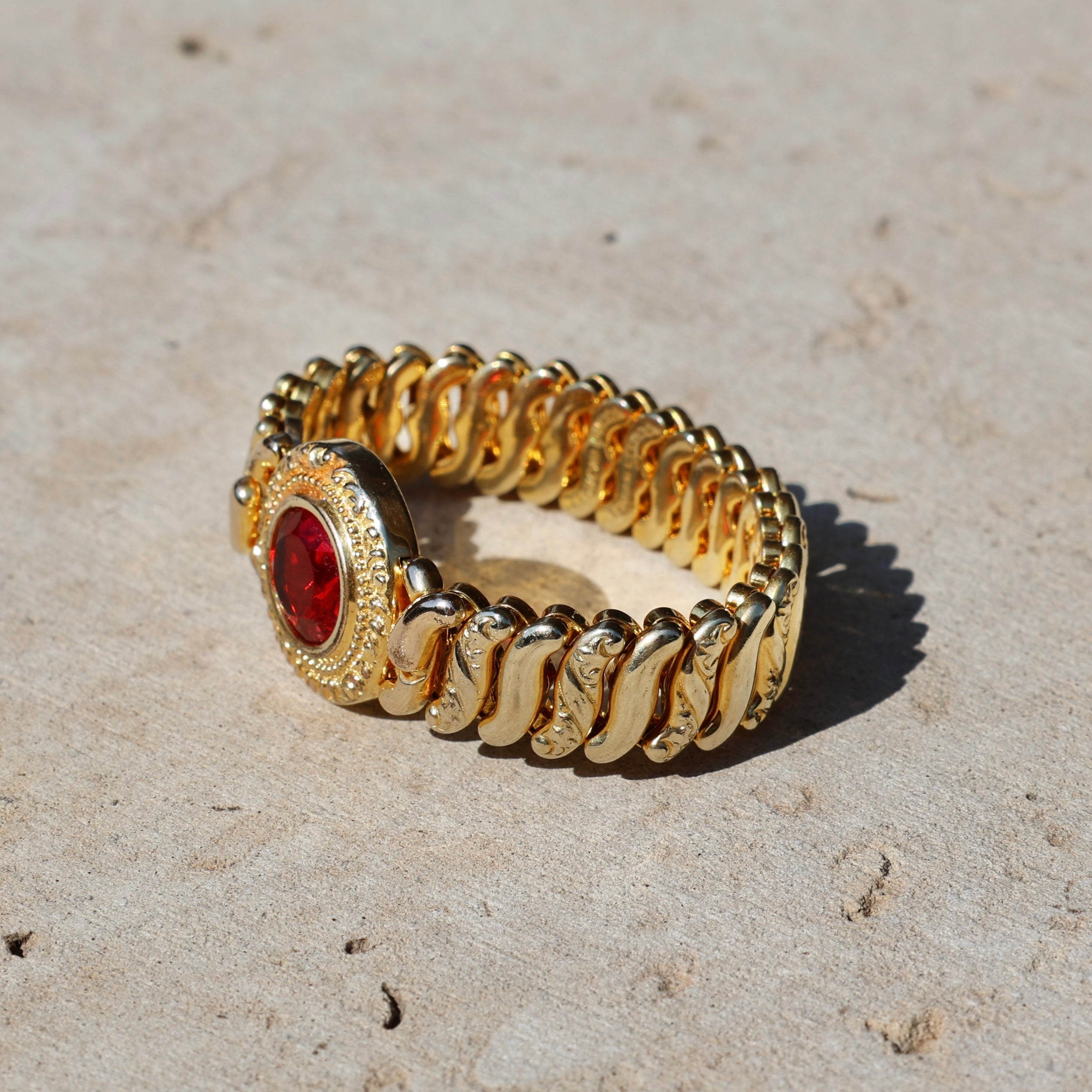 Vivian Grace Vintage Bracelet Vintage Gold Filled Sweetheart Expansion Bracelet - Red Glass Gemstone (circa 1930)
