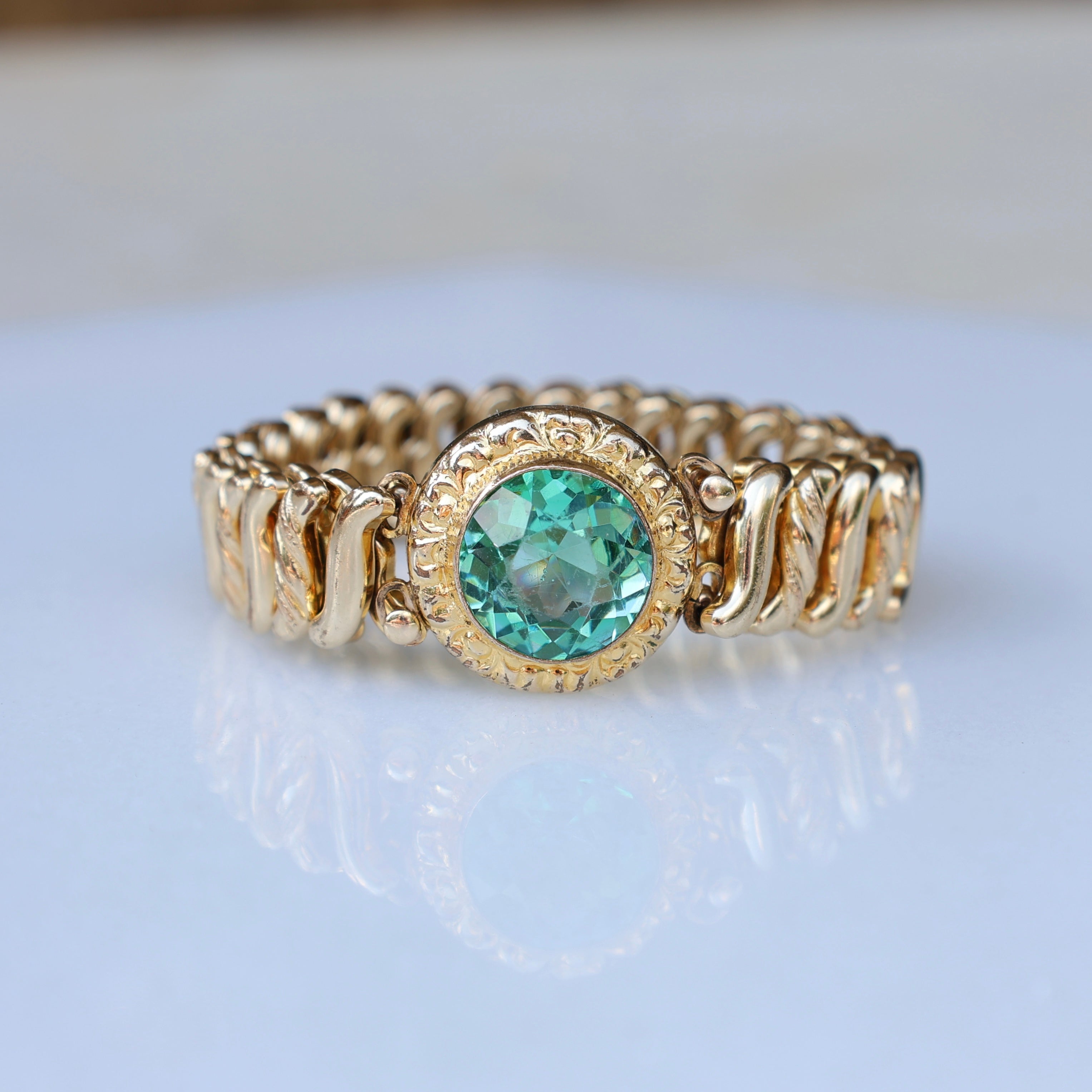 Vivian Grace Vintage Bracelet Vintage Gold Filled Sweetheart Expansion Bracelet - Teal Glass Gemstone (circa 1930)