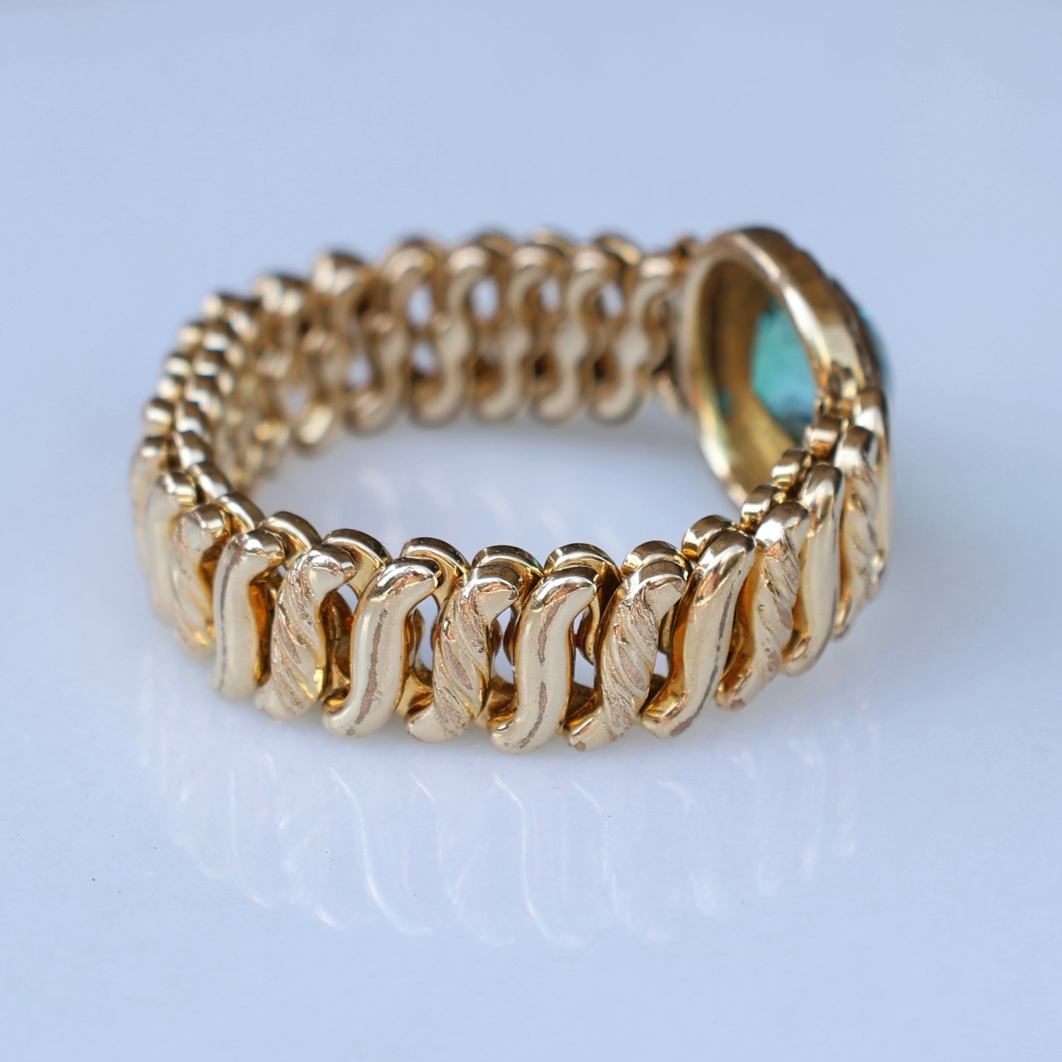 Vivian Grace Vintage Bracelet Vintage Gold Filled Sweetheart Expansion Bracelet - Teal Glass Gemstone (circa 1930)