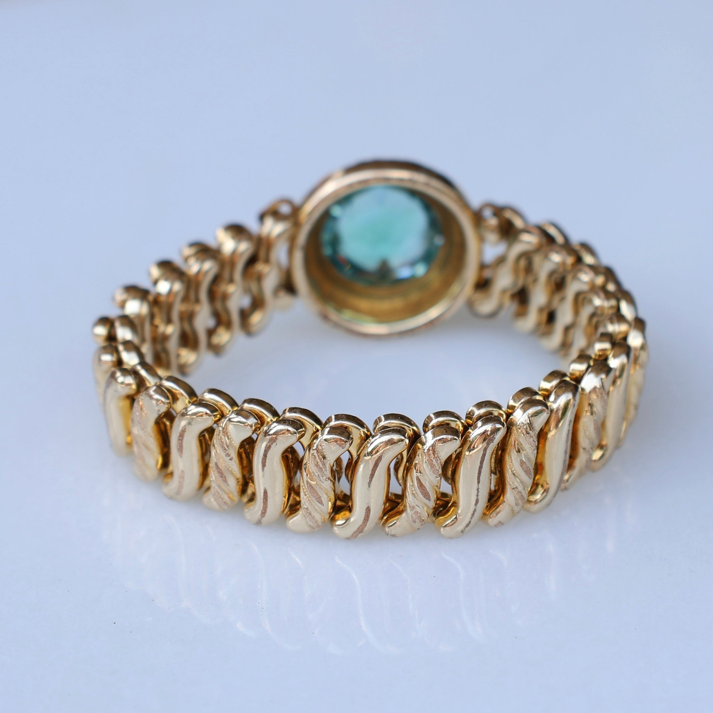 Vivian Grace Vintage Bracelet Vintage Gold Filled Sweetheart Expansion Bracelet - Teal Glass Gemstone (circa 1930)