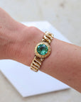 Vivian Grace Vintage Bracelet Vintage Gold Filled Sweetheart Expansion Bracelet - Teal Glass Gemstone (circa 1930)