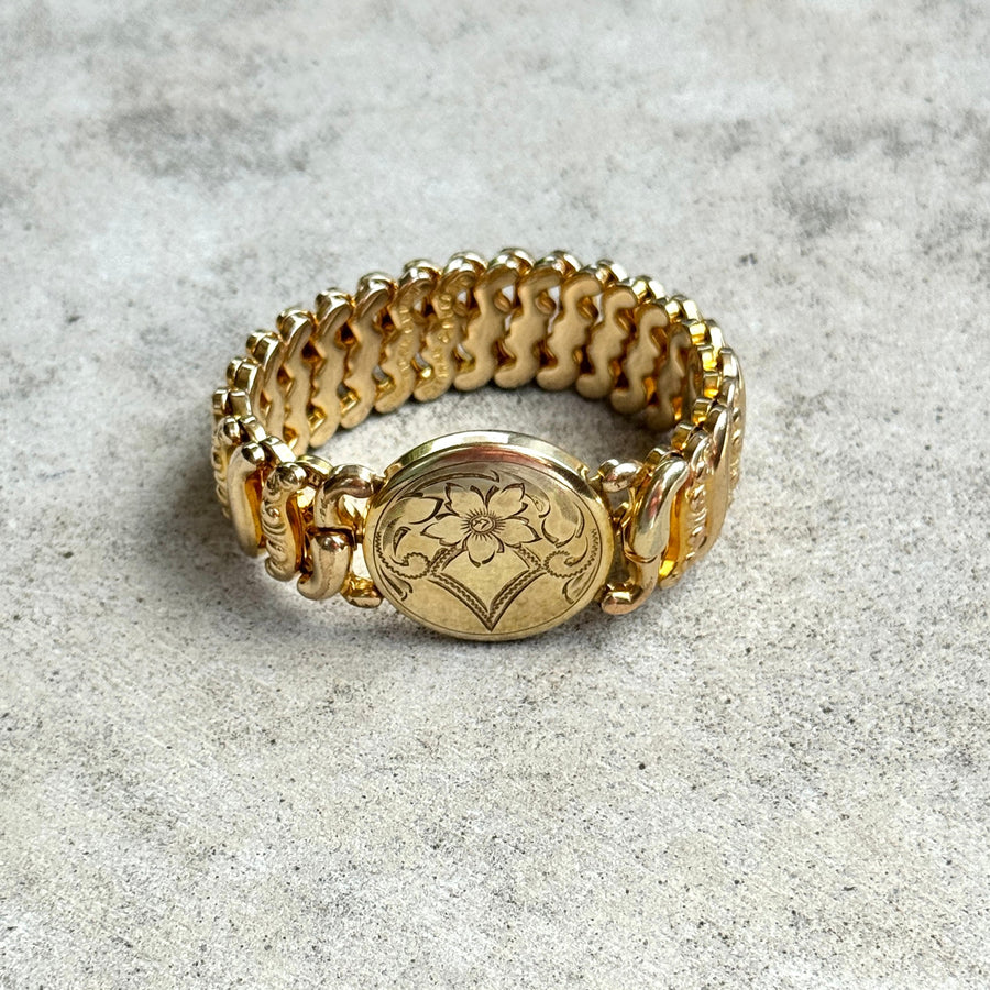 Vivian Grace Vintage Gold Etched Floral Gold Filled Sweetheart Bracelet - Vintage