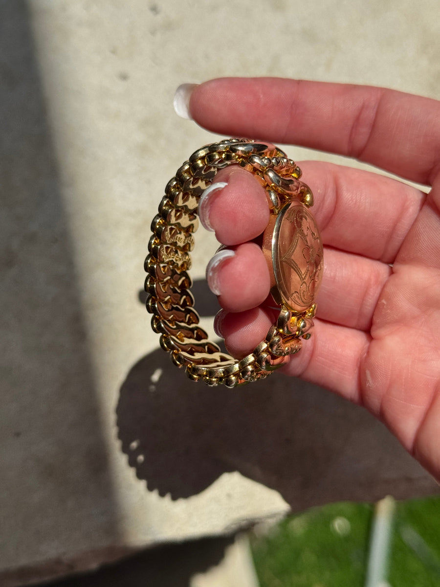 Vivian Grace Vintage Gold Etched Floral Gold Filled Sweetheart Bracelet - Vintage
