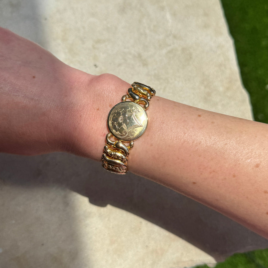 Vivian Grace Vintage Gold Etched Floral Gold Filled Sweetheart Bracelet - Vintage