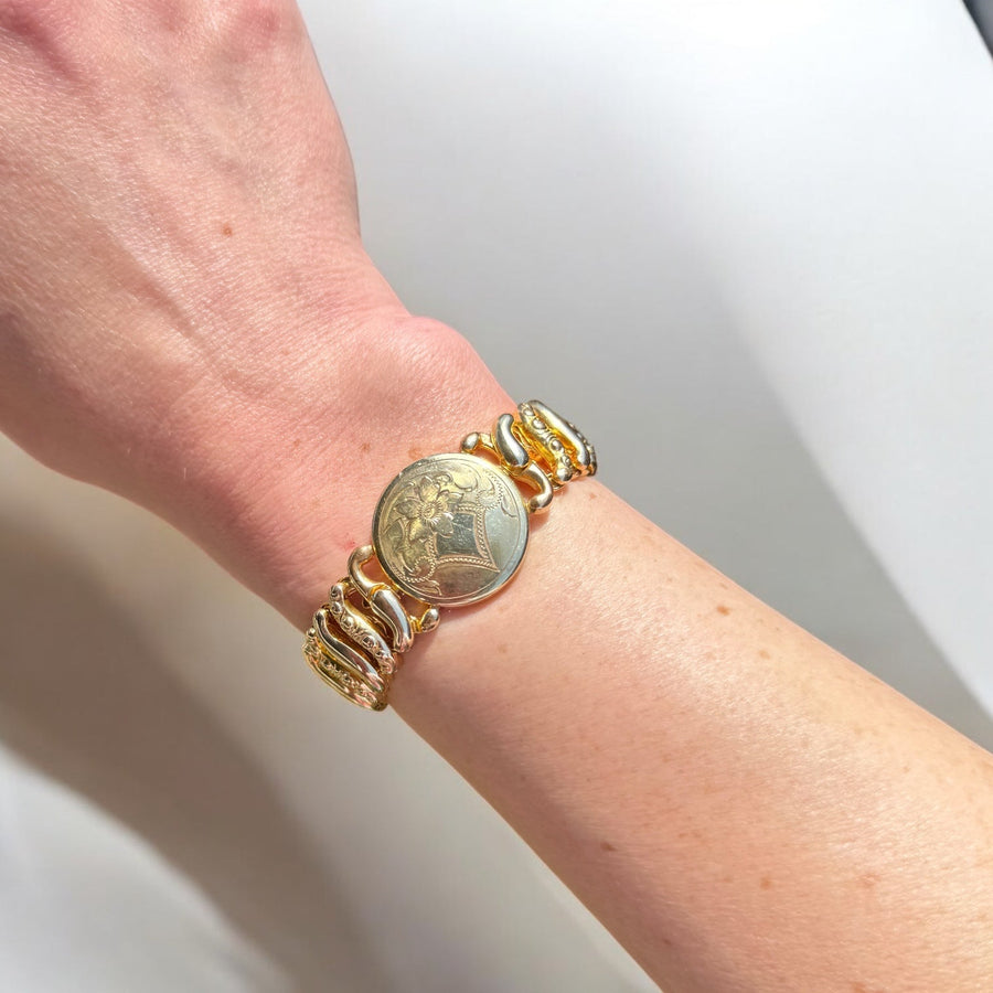 Vivian Grace Vintage Gold Etched Floral Gold Filled Sweetheart Bracelet - Vintage