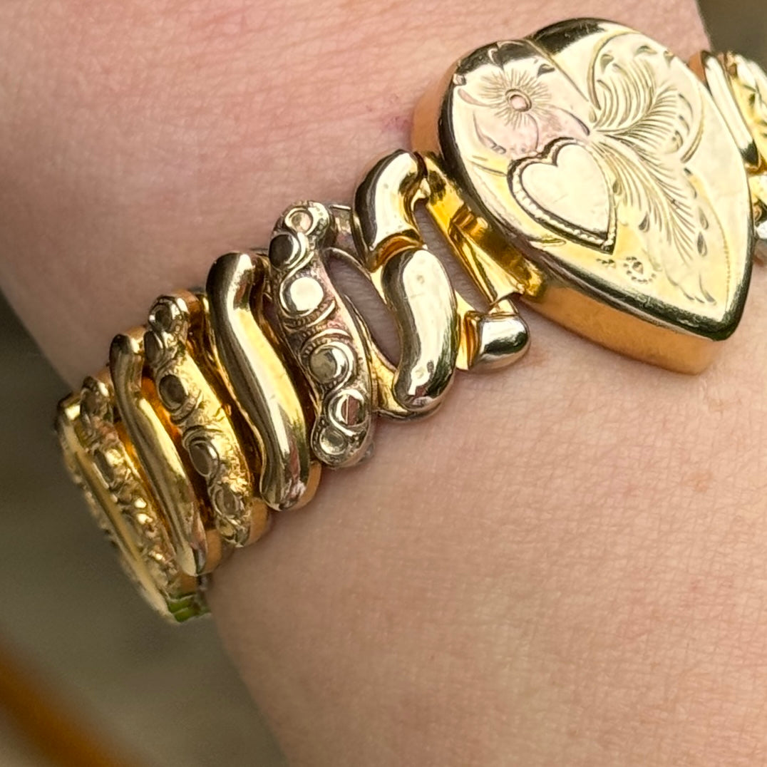 Vivian Grace Vintage Gold Etched Heart Gold Filled Sweetheart Bracelet - Vintage