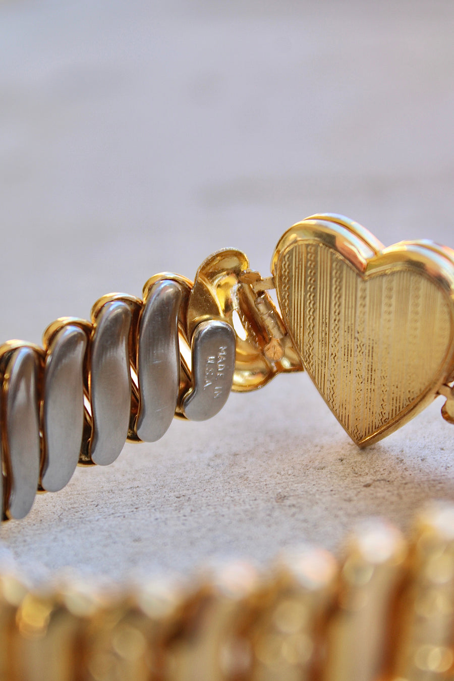 Vivian Grace Vintage Gold Marvel 12k Gold Filled Mother of Pearl Heart Locket Sweetheart Bracelet - Vintage