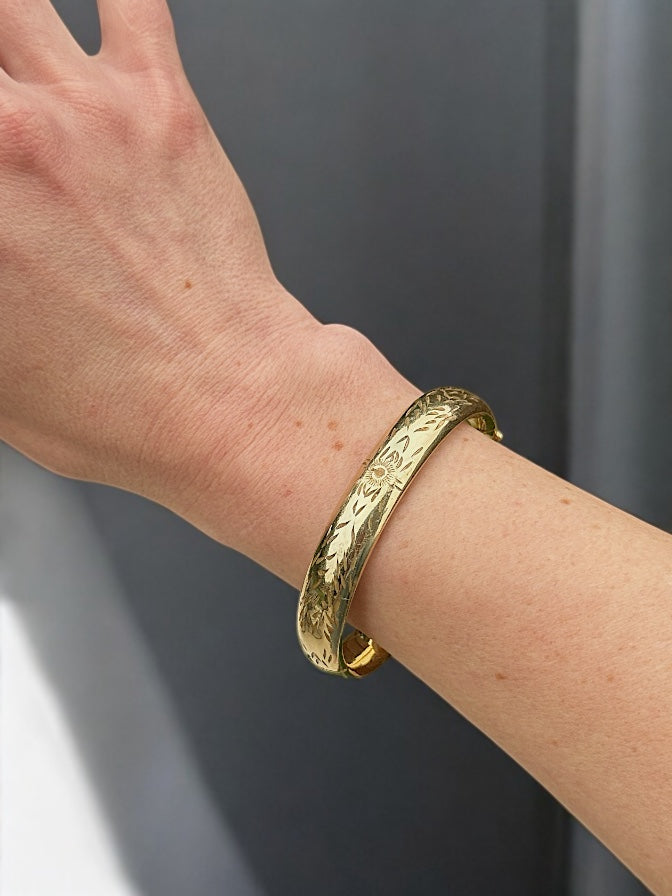 Vivian Grace Vintage Gold Vintage Mid Century 12k Gold-Filled Floral Etched Bangle Bracelet