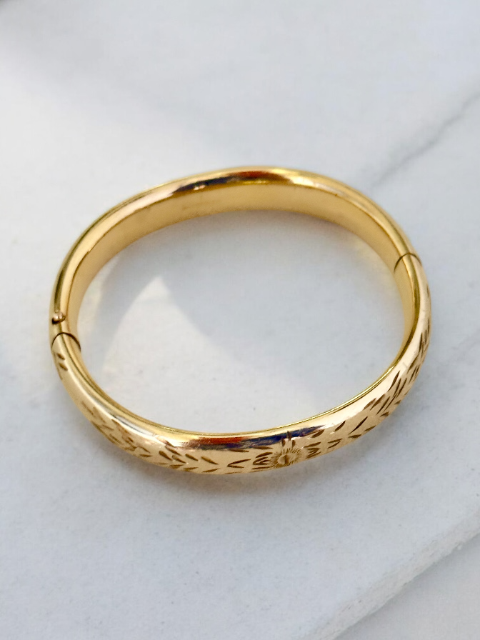 Vivian Grace Vintage Gold Vintage Mid Century 12k Gold-Filled Floral Etched Bangle Bracelet