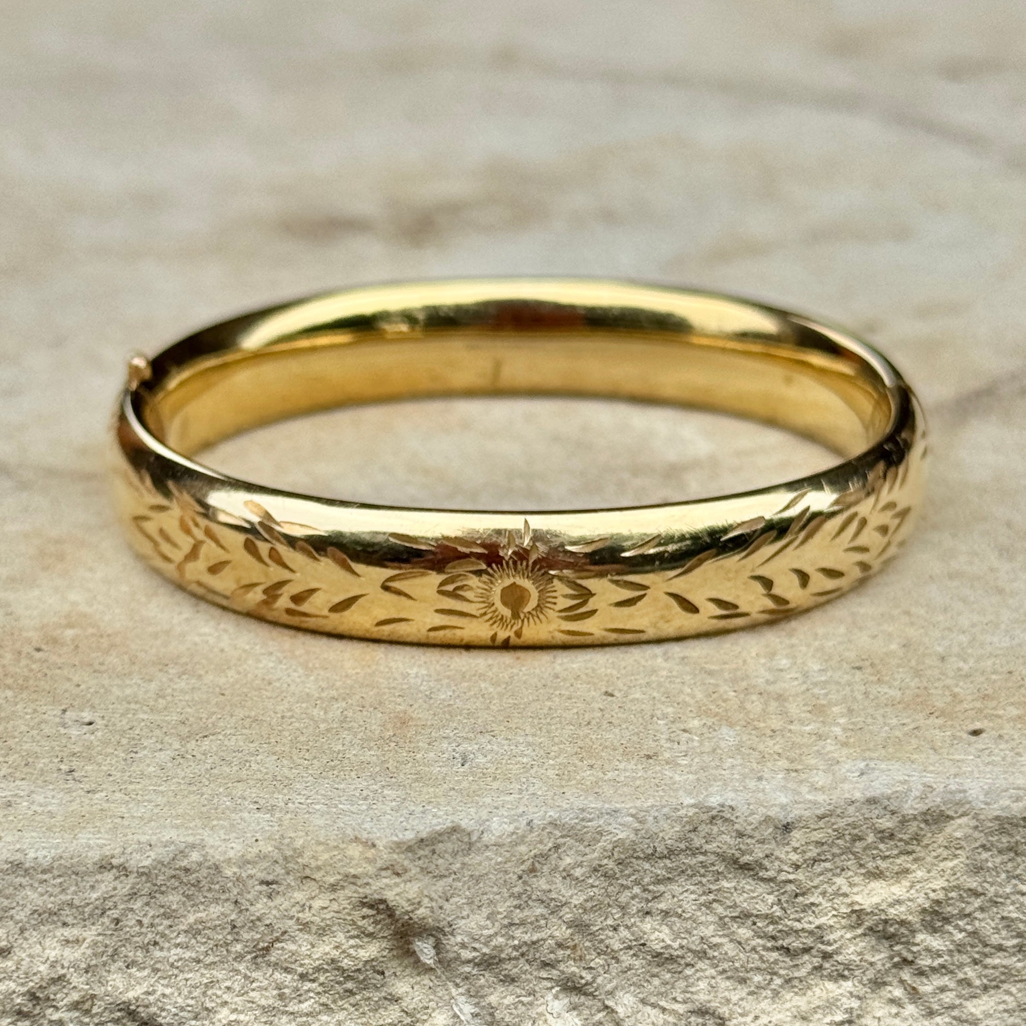Vivian Grace Vintage Gold Vintage Mid Century 12k Gold-Filled Floral Etched Bangle Bracelet