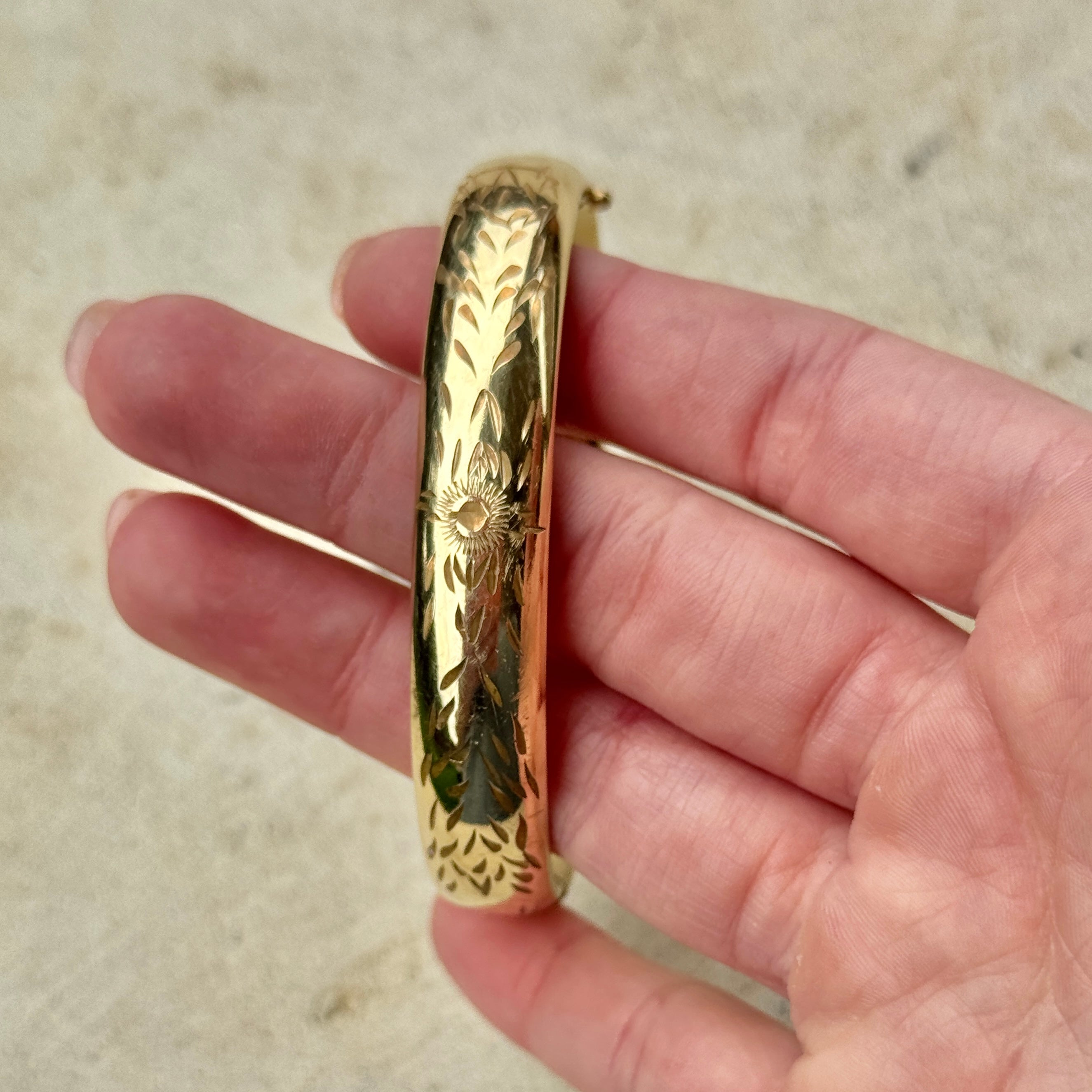 Vivian Grace Vintage Gold Vintage Mid Century 12k Gold-Filled Floral Etched Bangle Bracelet